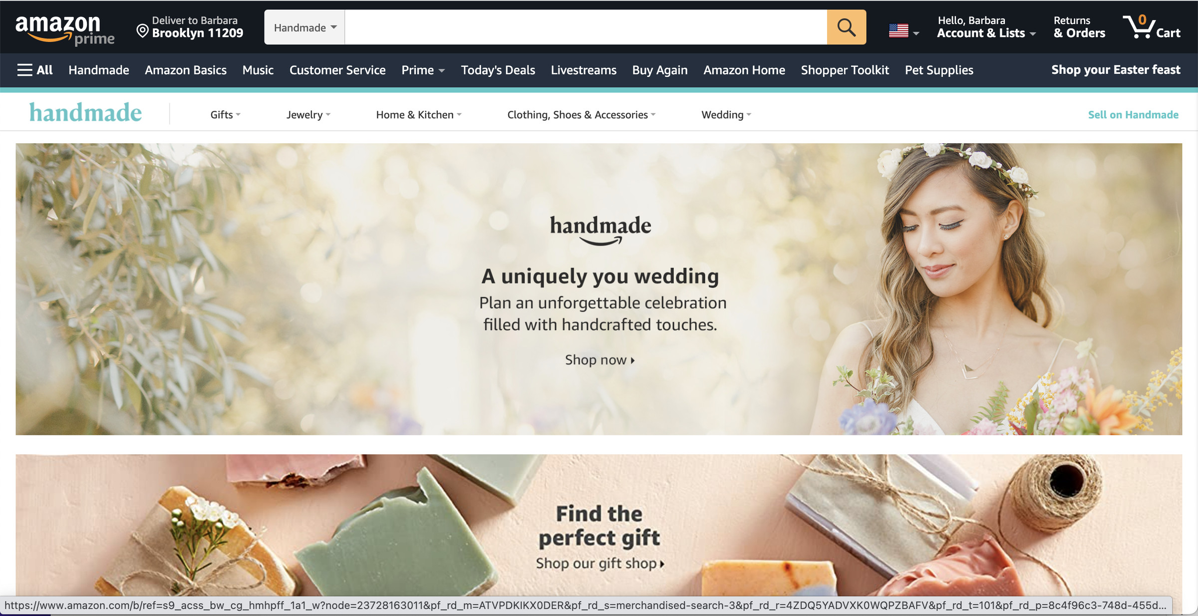 The Amazon Handmade page with a photo of a young woman and the caption “a uniquely you wedding” and underneath that, a photos of various products with “Find the perfect gift”