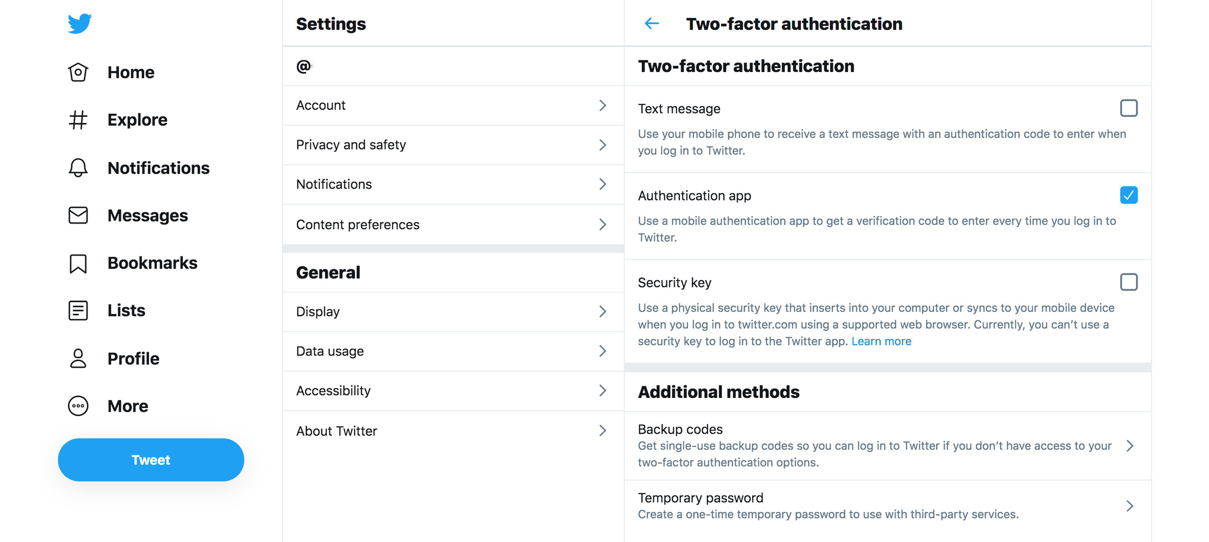 Twitter lets you use a text message, an app, or a security key for authentication.