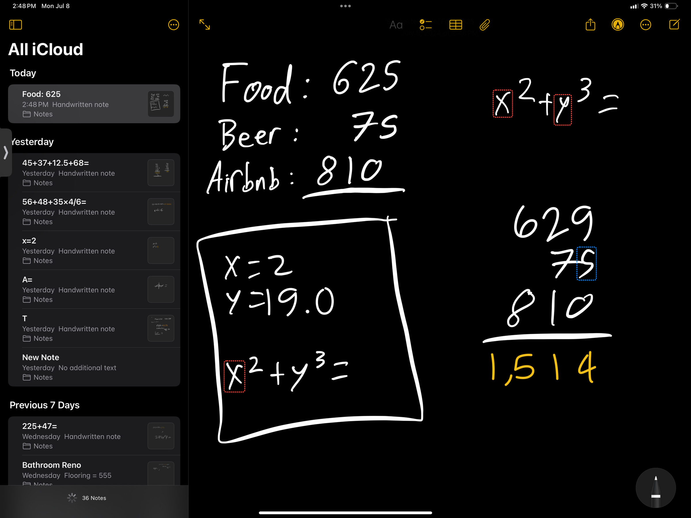 A screenshot of math notes showing several different equations.