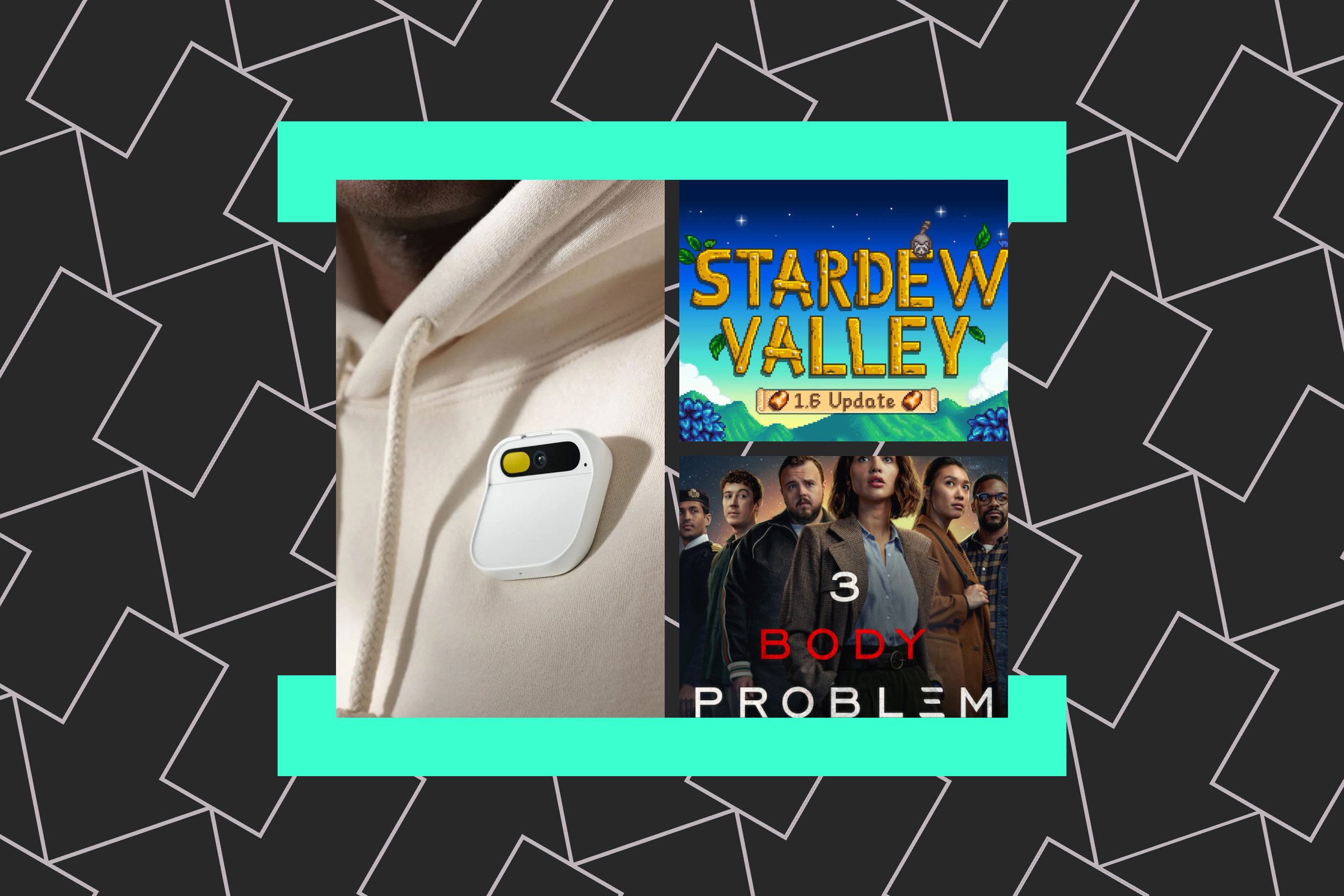 An illustration of the Humane AI Pin, Stardew Valley, and the 3 Body Problem.