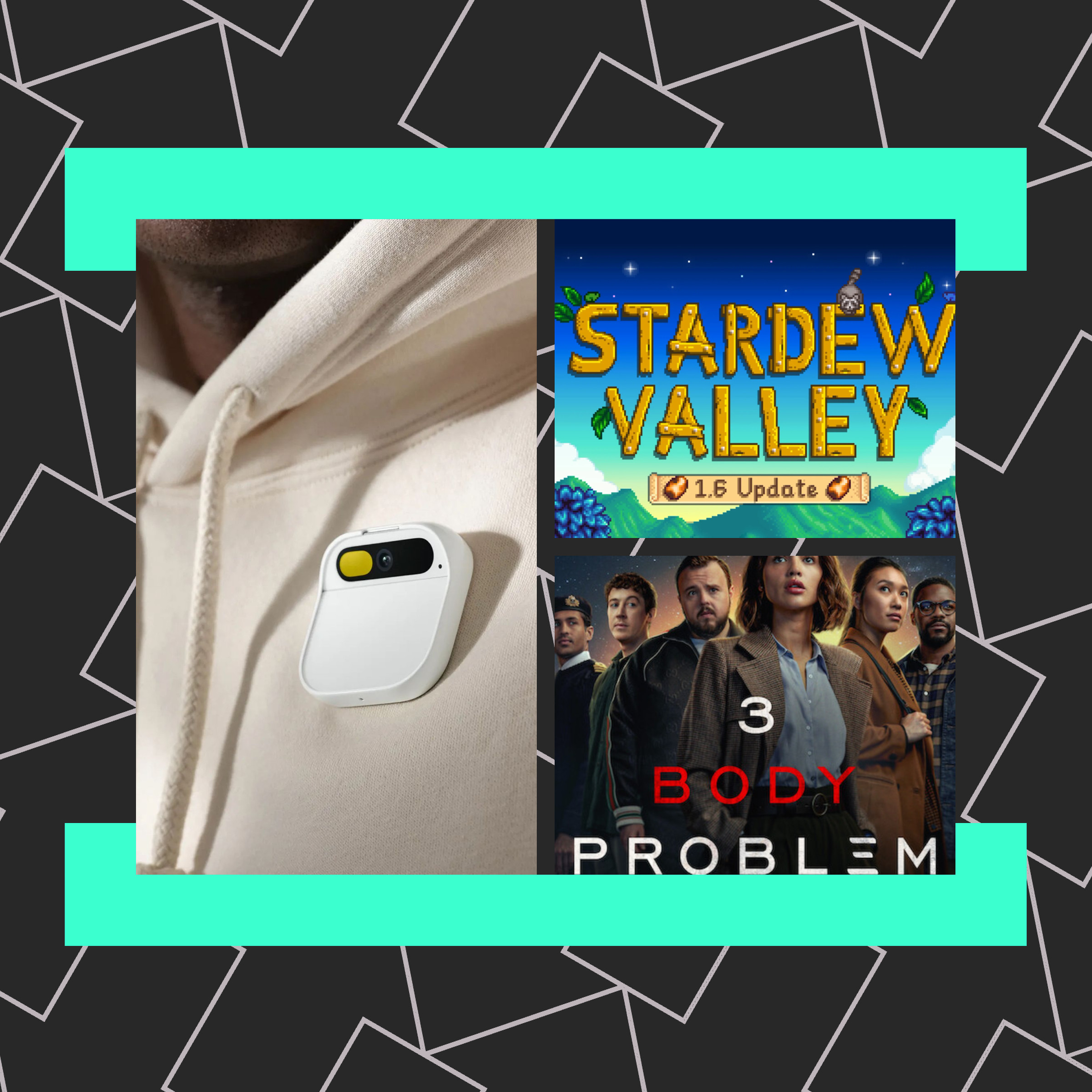 An illustration of the Humane AI Pin, Stardew Valley, and the 3 Body Problem.