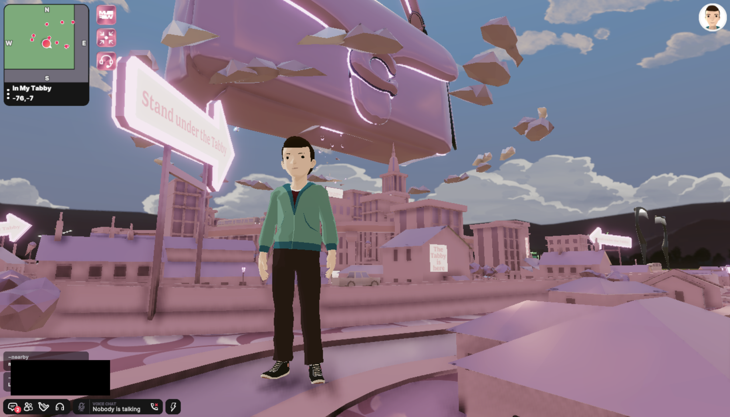 A screenshot from Decentraland’s Metaverse Fashion Week. An avatar stands on pink architecture with a floating pink Coach bag in the sky.