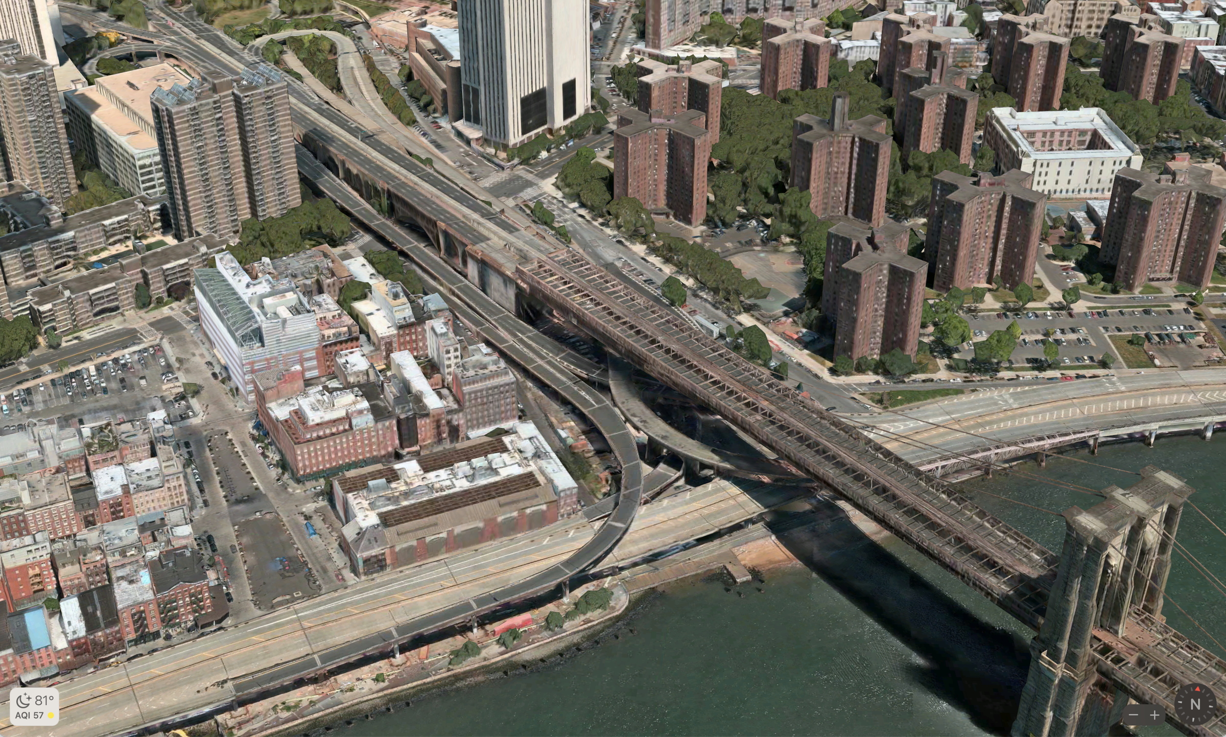The Brooklyn Bridge and some of New York City as rendered by Apple Maps.