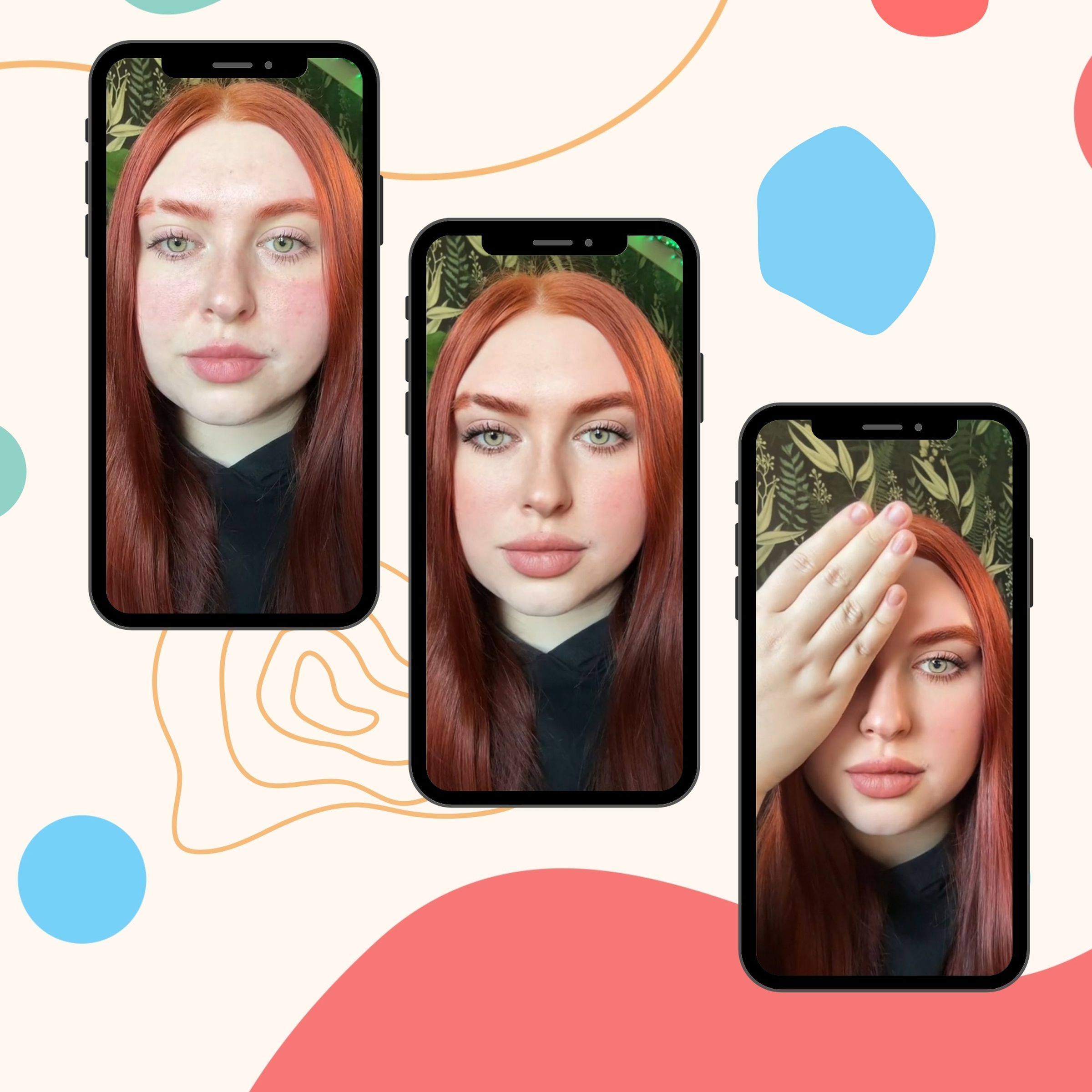 Three mobile phones against a colorful backdrop. The phones all display the same woman, the first without any filter, the second with TikTok’s Bold Glamour filter, and the third with a hand obscuring the filter.