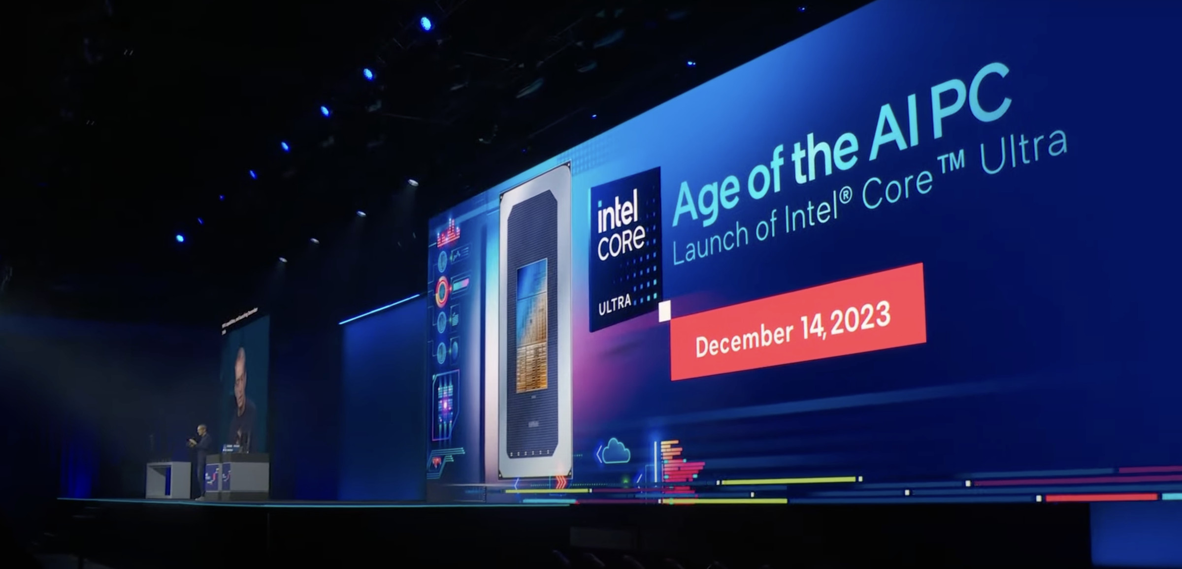 A slide at Intel’s Innovation keynote reading “Intel Core Ultra, Age of the AI PC, launch of the Intel Core Ultra, December 14, 2023.”
