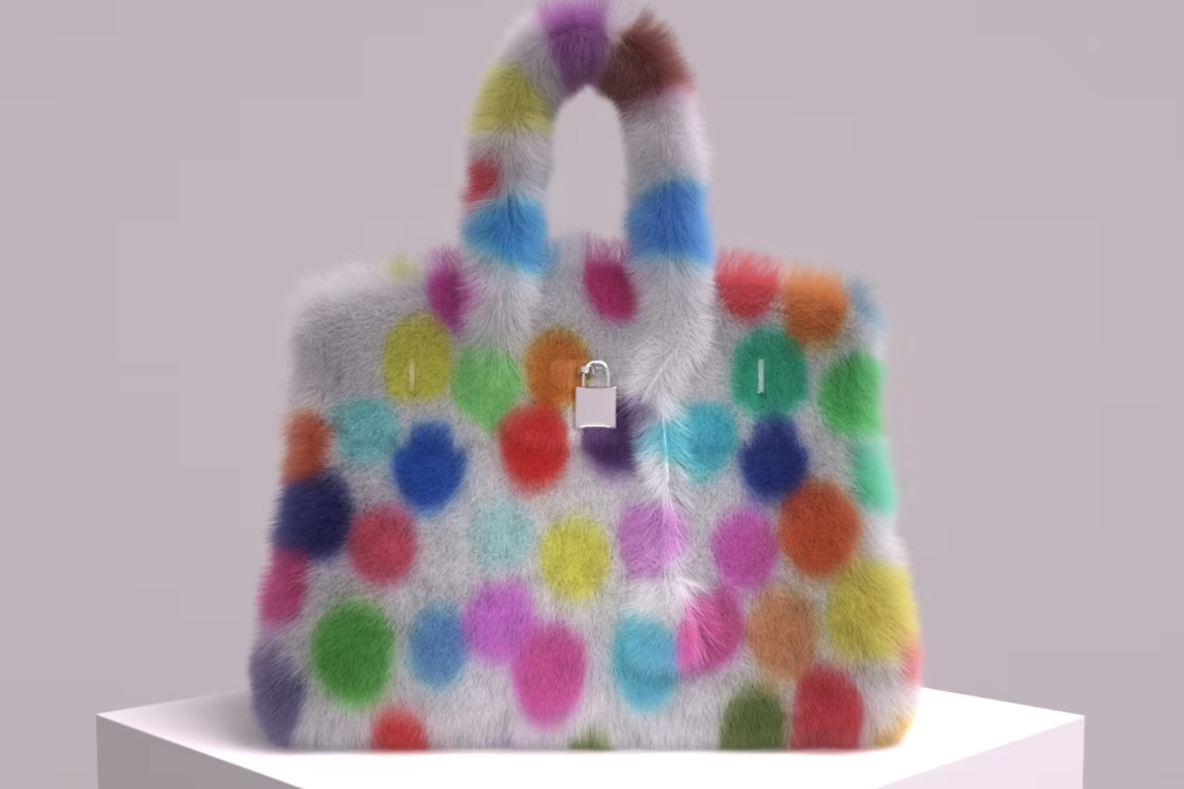 A picture of a faux-fur Birkin handbag with polka dots.