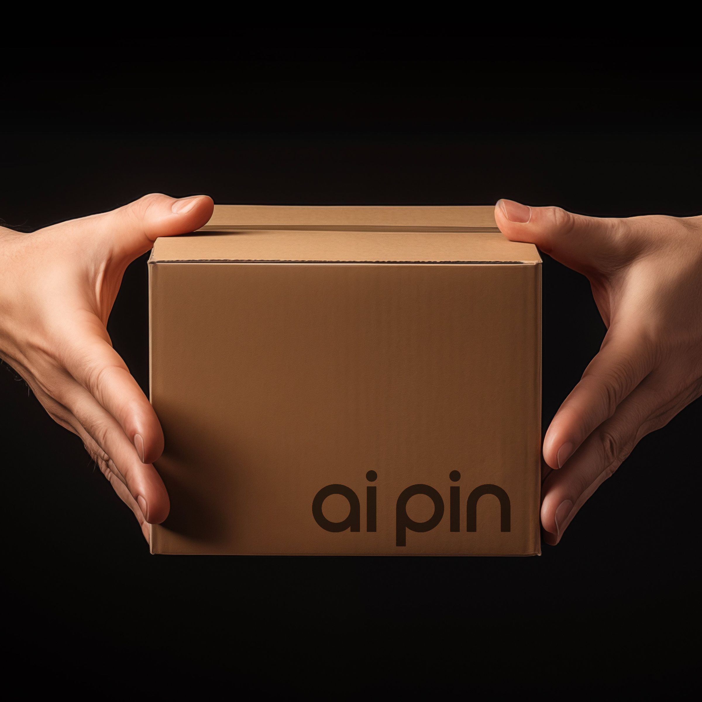 A picture of two hands holding the box for Humane’s AI Pin.