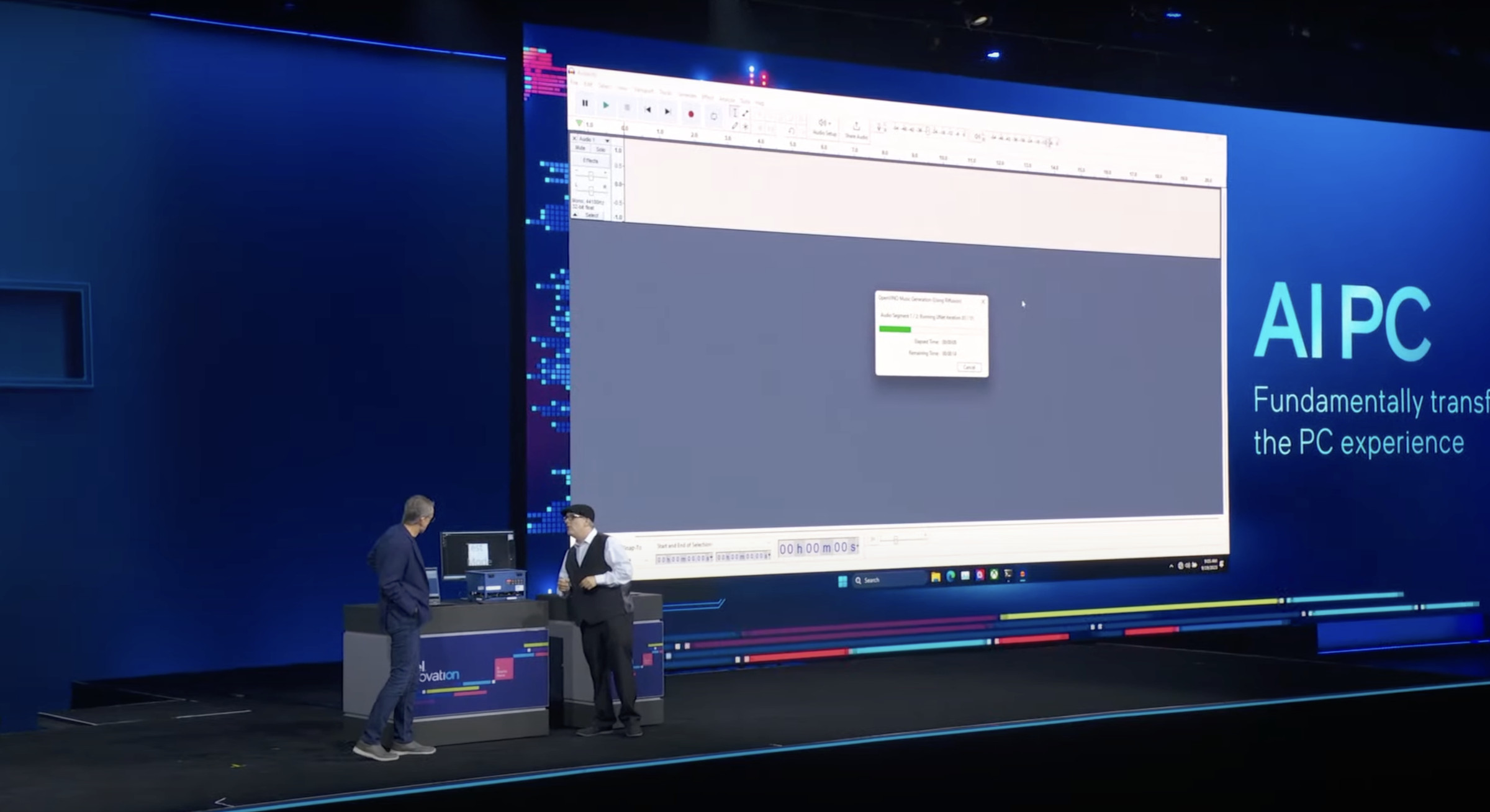 Pat Gelsinger and Craig stand in front of a slide that shows a Windows computer generating a file. Caption reads AI PC, fundamentally transform the PC experience.