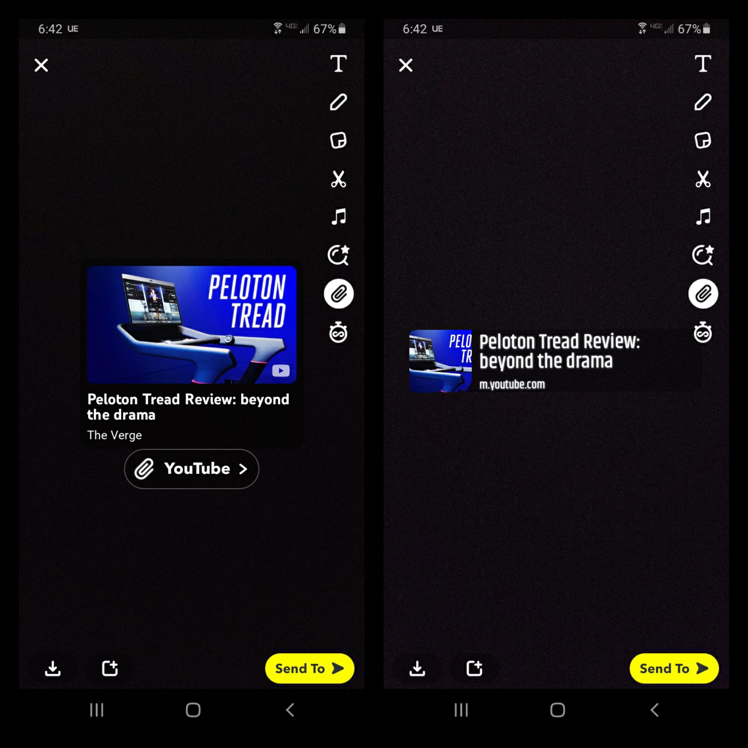 Snapchat’s new YouTube sticker (left) vs. a YouTube video added as a link in Snapchat (right).