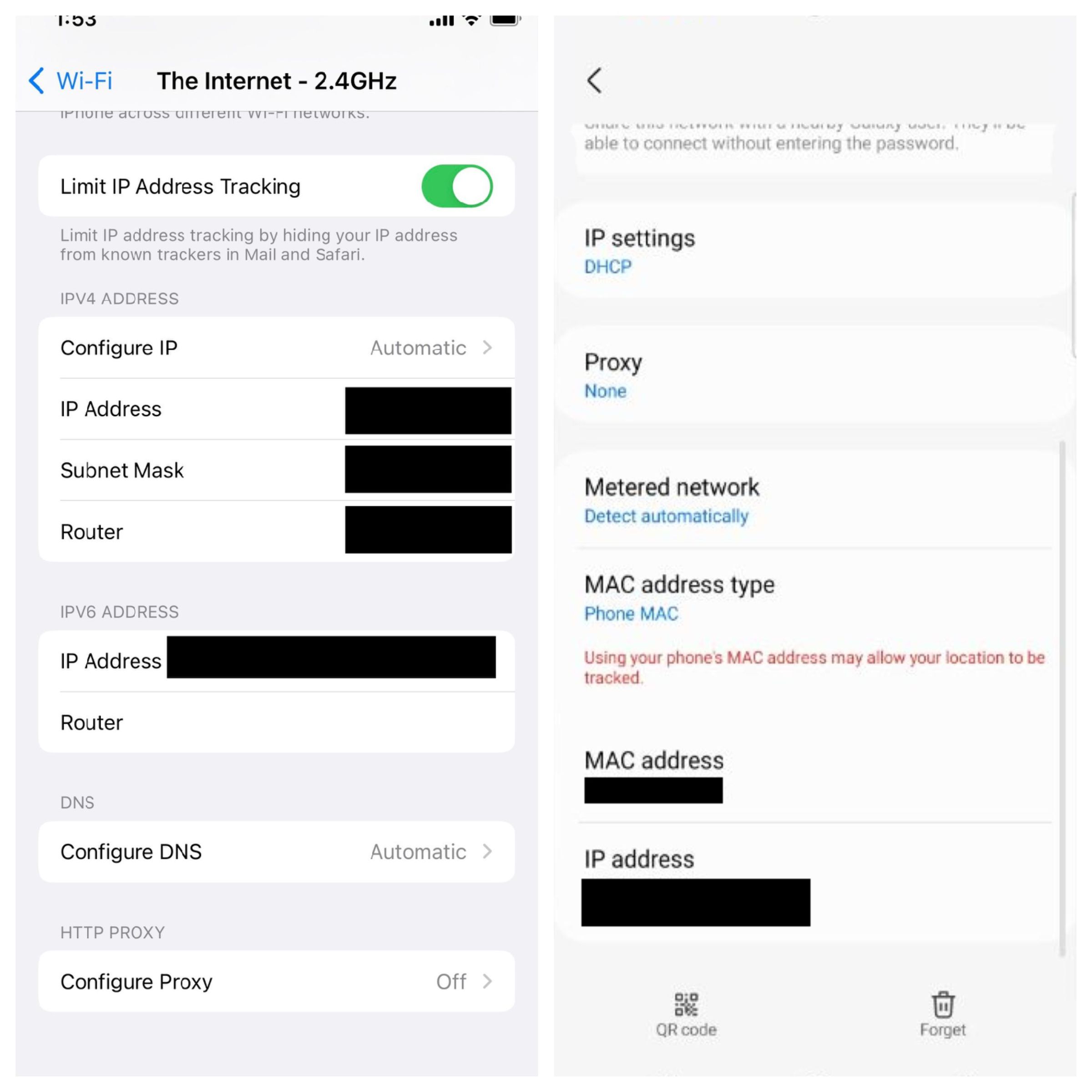 Screenshots showing your IP address on an iPhone and on an Android