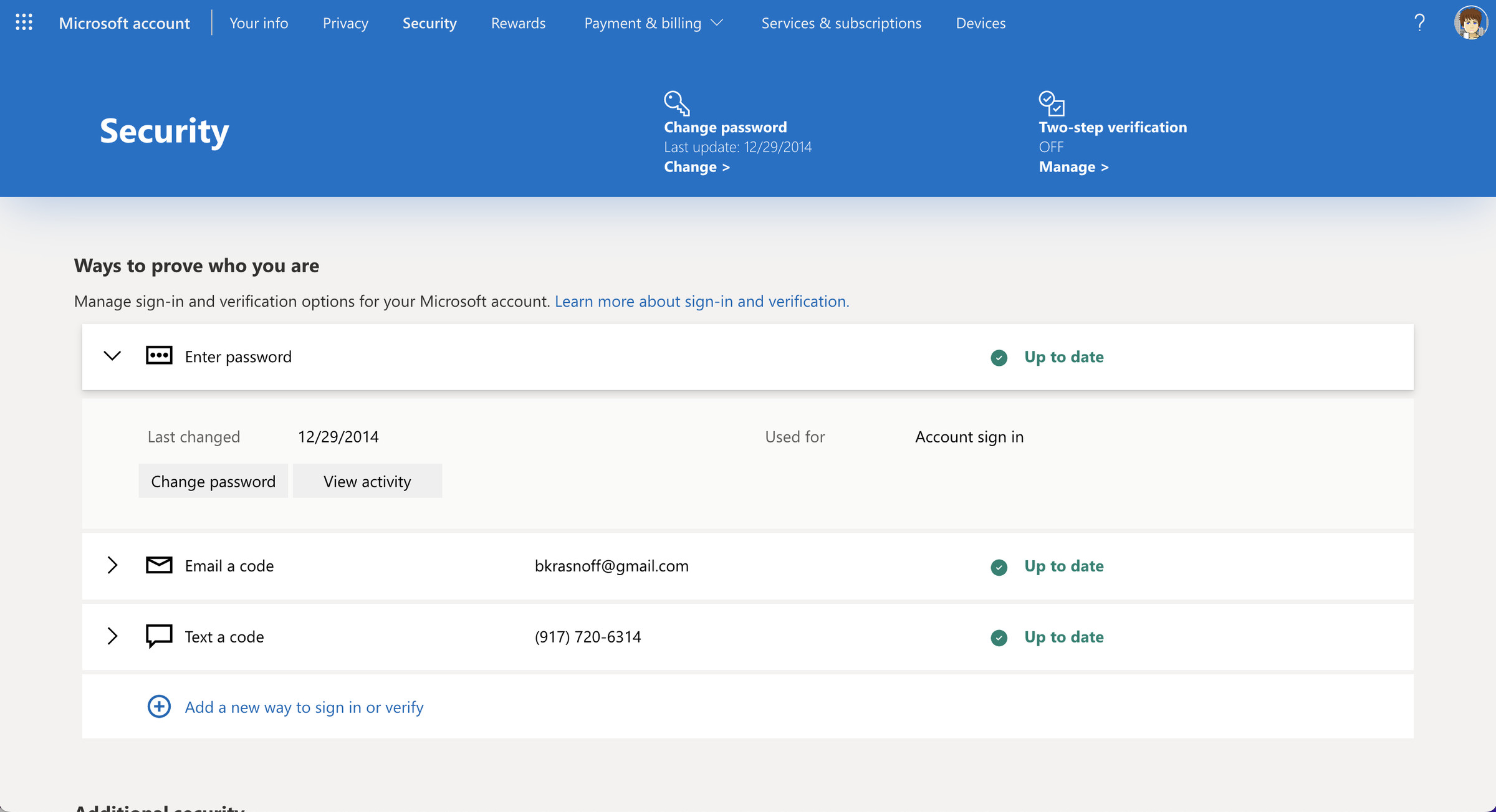 Microsoft page with Security on top right of blue header background, Change password and Two-step verification to the right of that. Below the header, under Ways to prove who you are, several security tactics.
