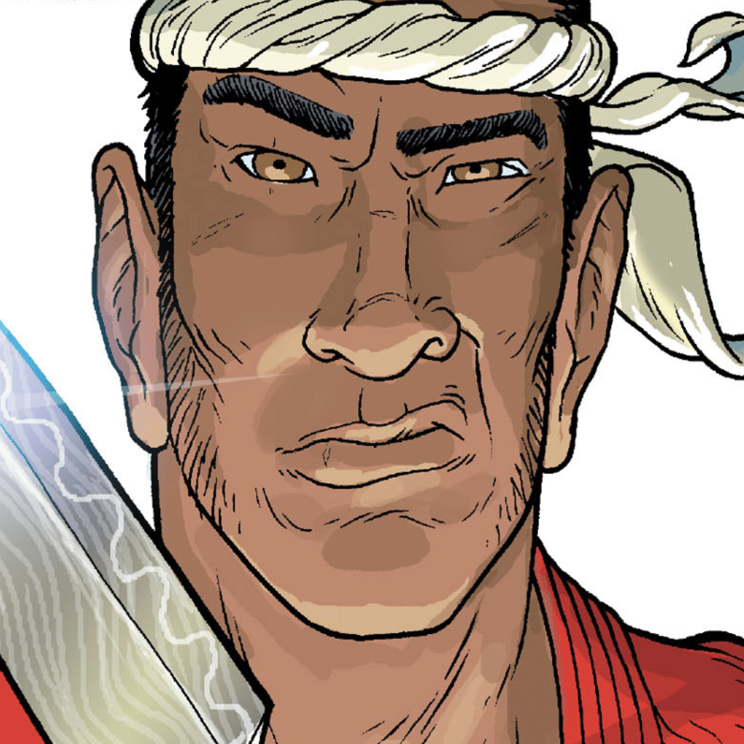 An illustration of a man wearing a white headband and a red shirt. The man’s holding up a large, gleaming sashimi knife.