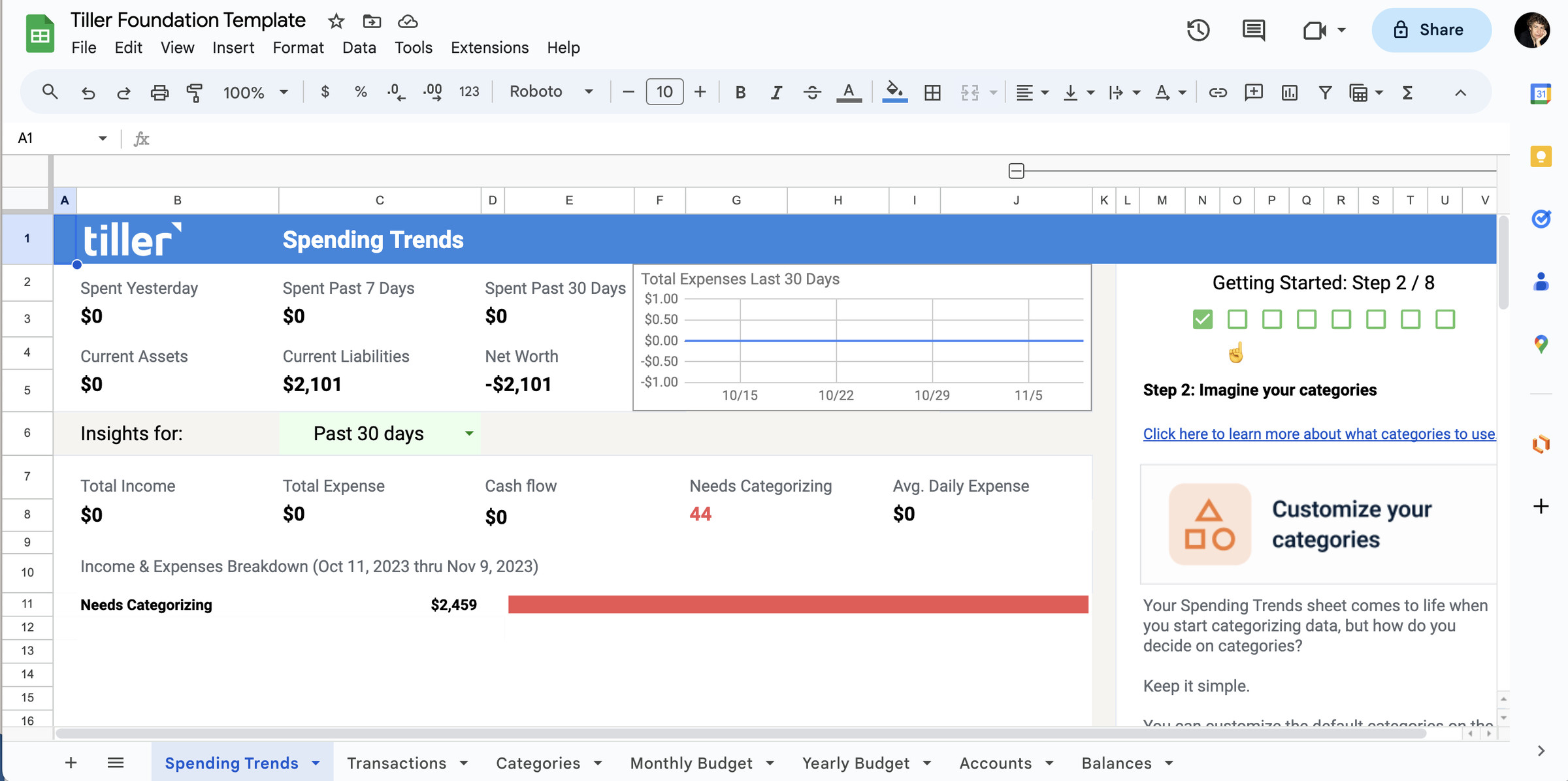 Google Sheets spreadsheet with Tiller Foundation Template on top of page, Tiller Spending Trends on top of spreadsheet, and various headings such as “Spent Yesterday” and “Spent Past 7 Days” beneath it.