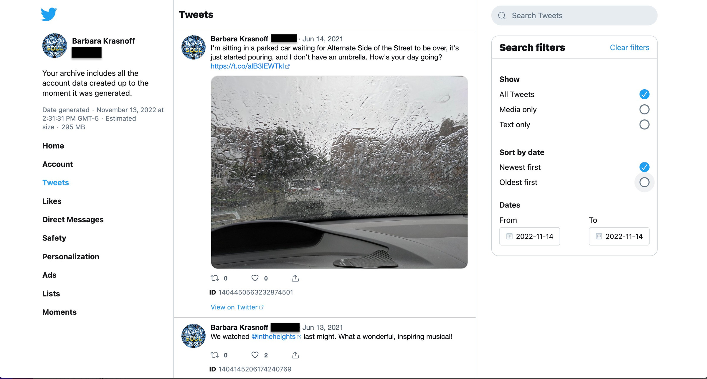 Web page showing various aspects of twitter content on the left, a tweet with a picture of a wet windshield in the middle, and search filters on the right.