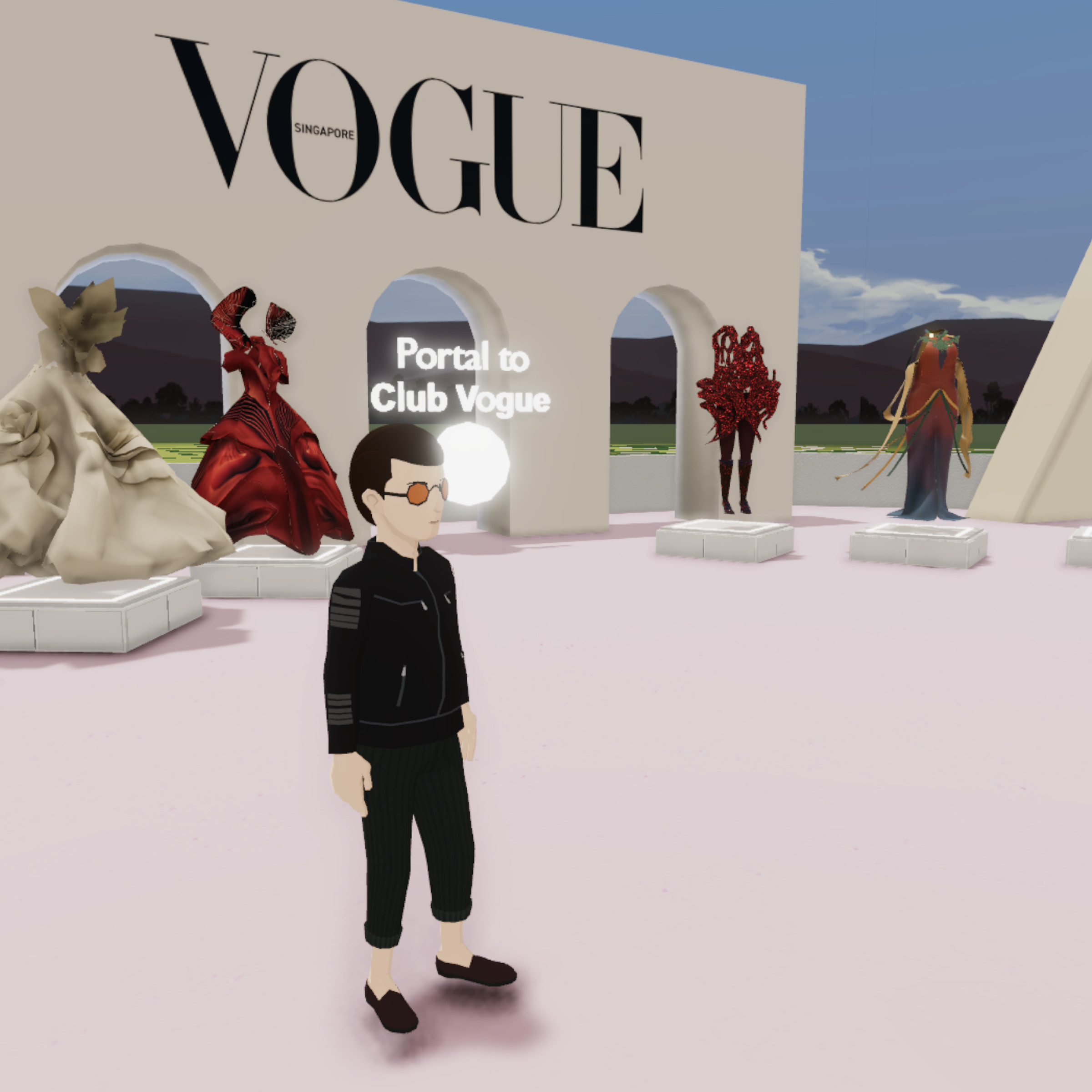 A screenshot from Decentraland’s Metaverse Fashion Week. An avatar stands near some clothes on display at a Vogue booth.
