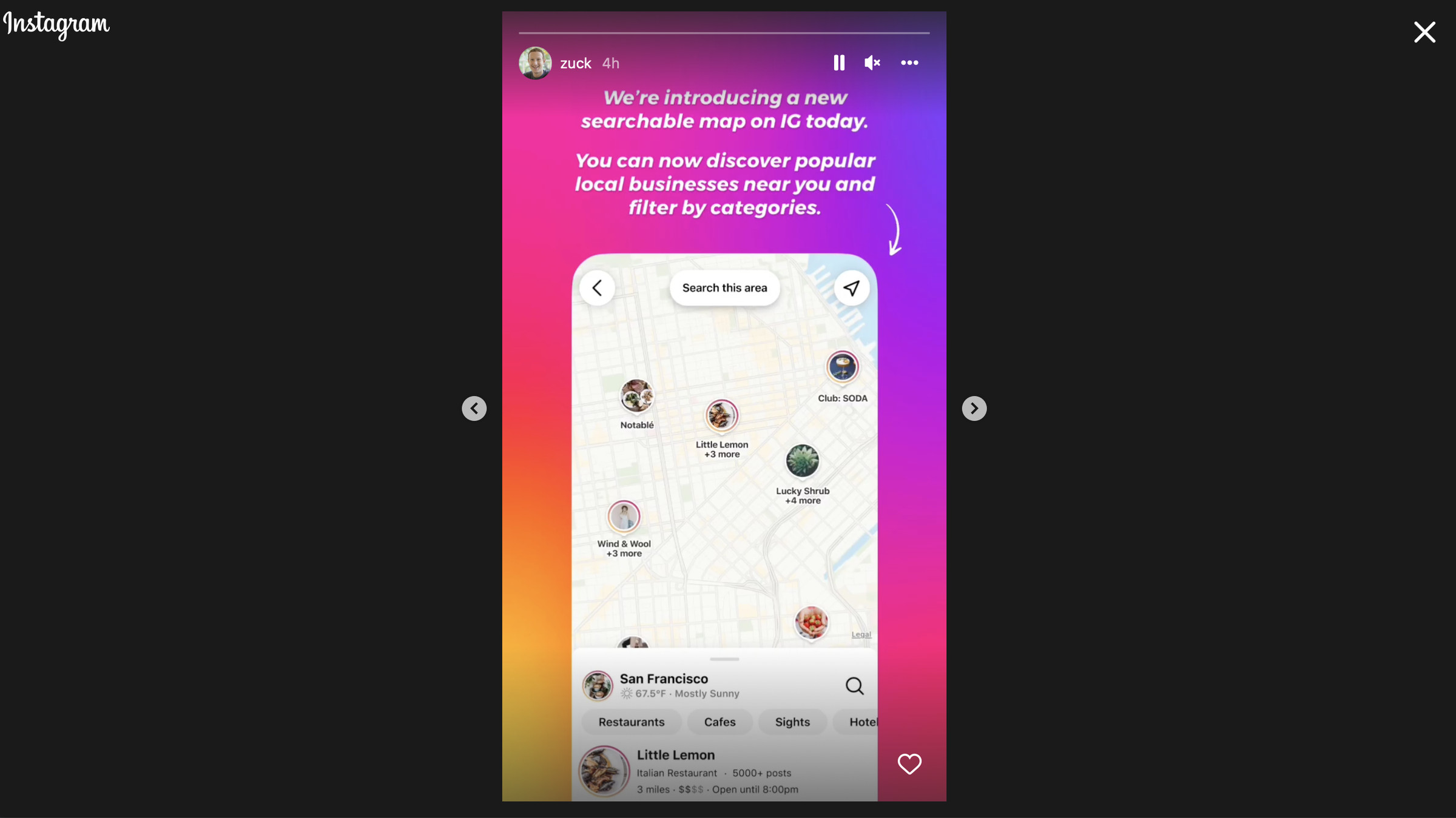 Screenshot of an Instagram story from Mark Zuckerberg with a screenshot of the map experience and text reading: “we’re introducing a new searchable map on IG today. You can now discover popular local businesses near you and filter by categories.”