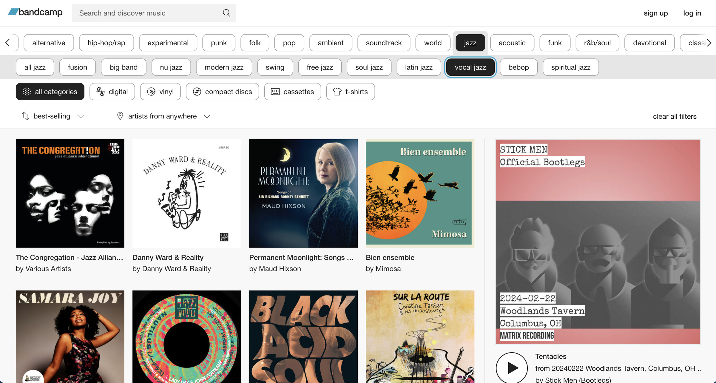 Bandcamp website with lists of genres on top and various artists shown in squares below.