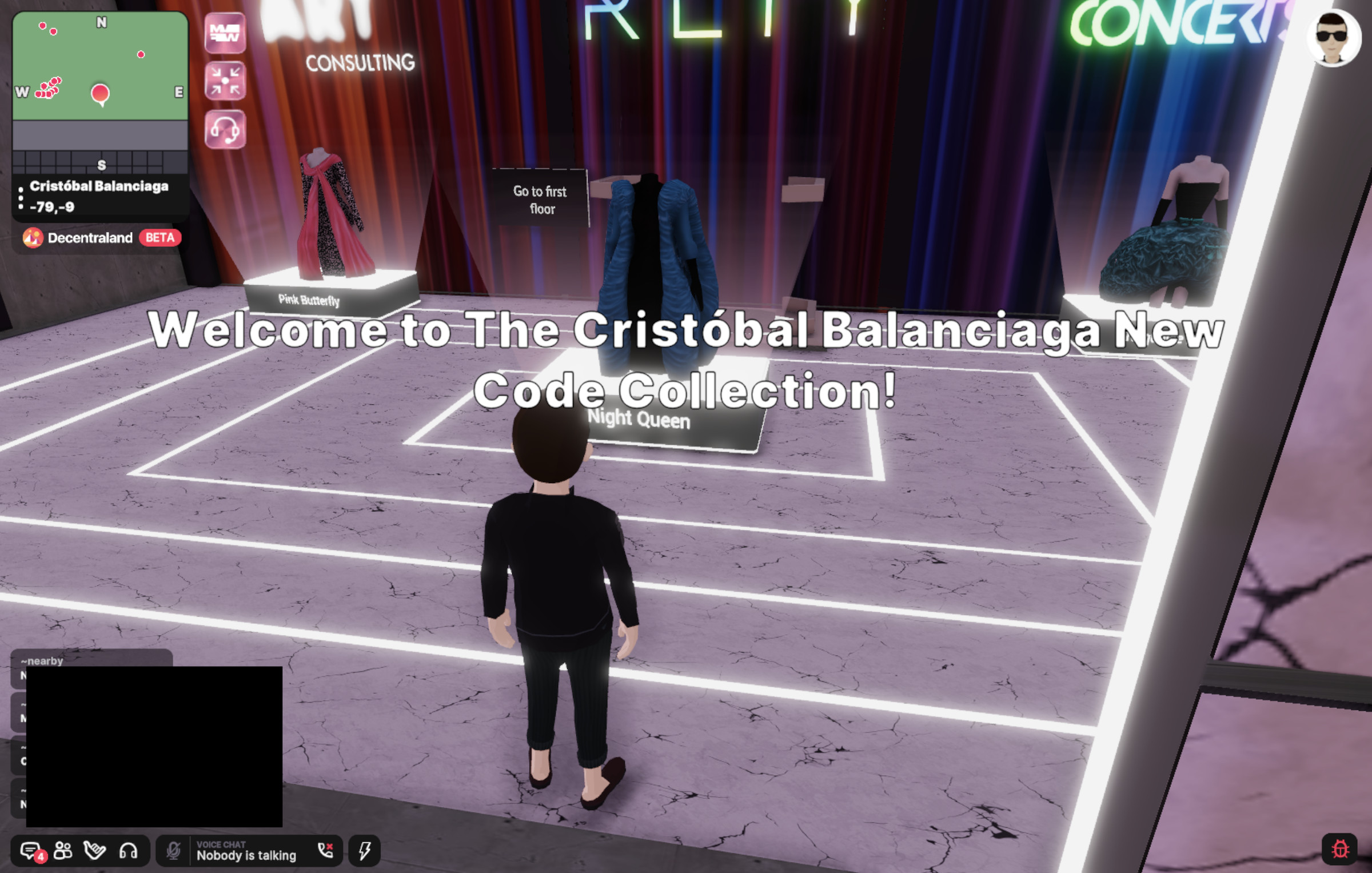 A screenshot of Decentraland’s Metaverse Fashion Week. In a virtual display area, a pop-up reads “Welcome to The Cristóbal Balanciaga New Code Collection!”