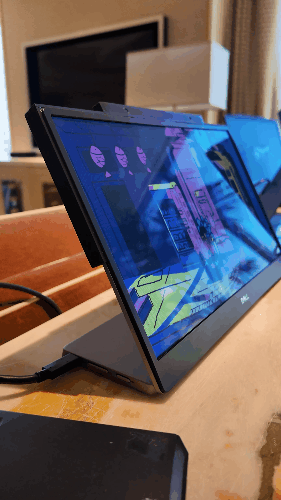 A compact, portable Dell prototype monitor with a glasses-free 3D screen from Leia. While you can’t see the 3D working here, you can grasp how it’s made of left-eye and right-eye views.