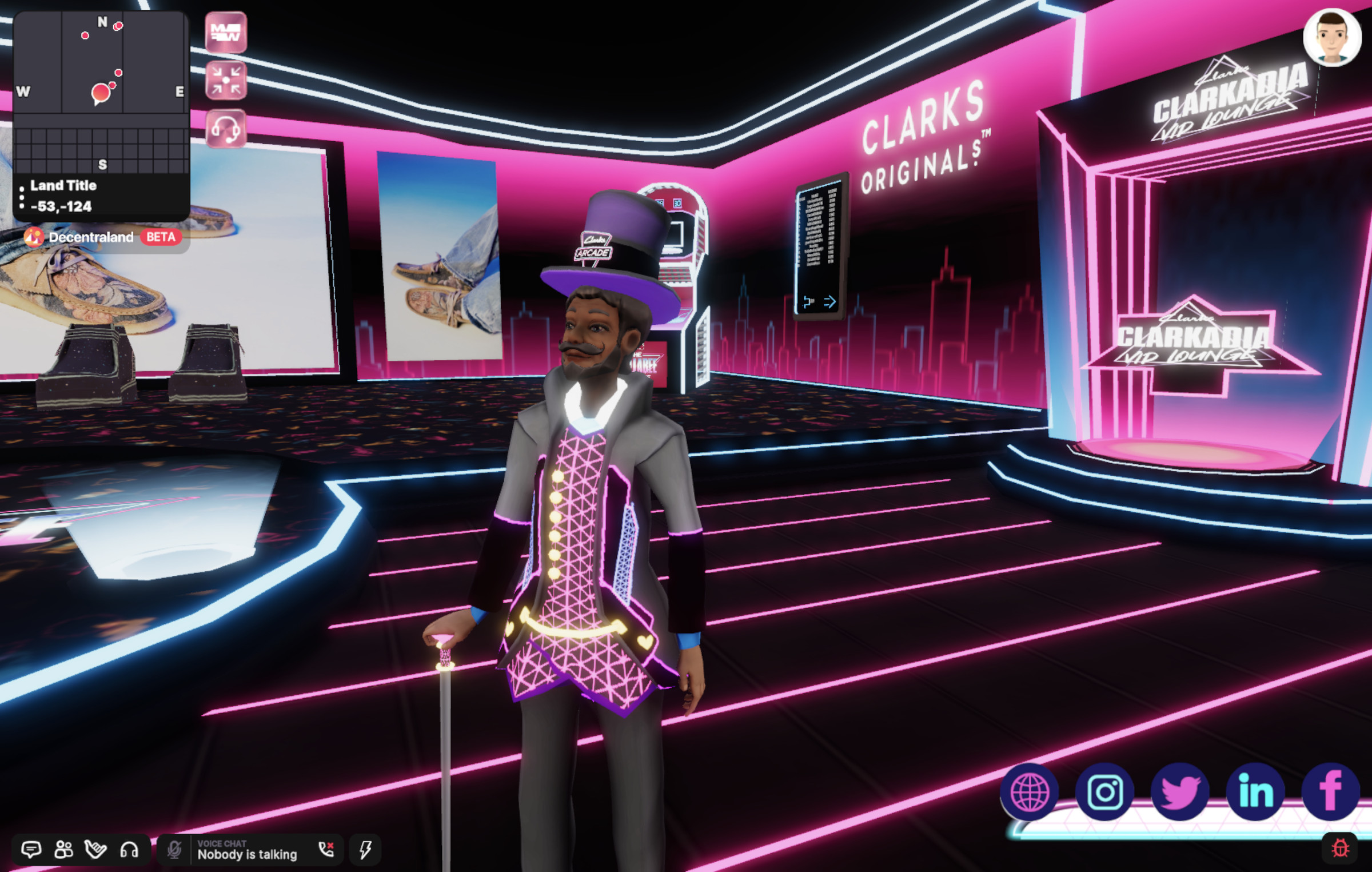 A screenshot from Metaverse Fashion Week. A main is in the center of the image with a futuristic suit and a top hat.