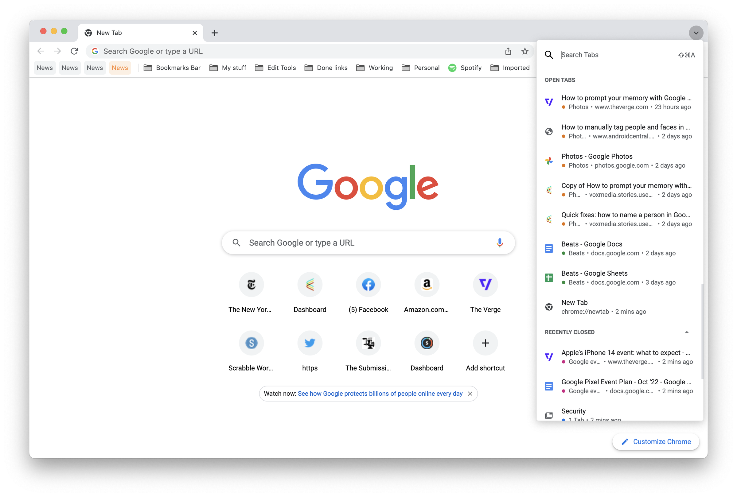 Google main page with Search Tabs drop down menu on the right.