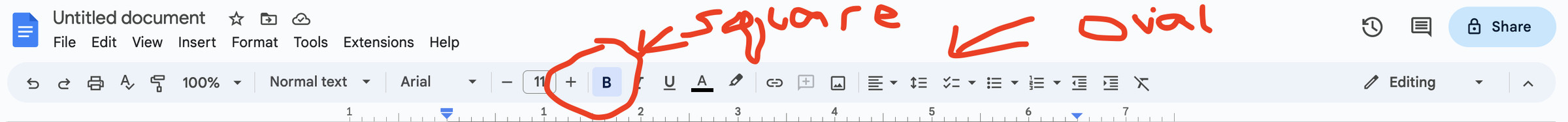 A screenshot of the Google Docs toolbar, with “oval” and “square” buttons helpfully highlighted