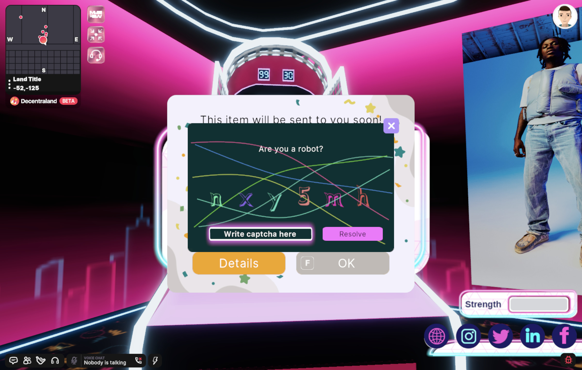 A screenshot from Decentraland’s Metaverse Fashion Week. Three pop-ups, one stacked on another, are visible in the middle of the screen.