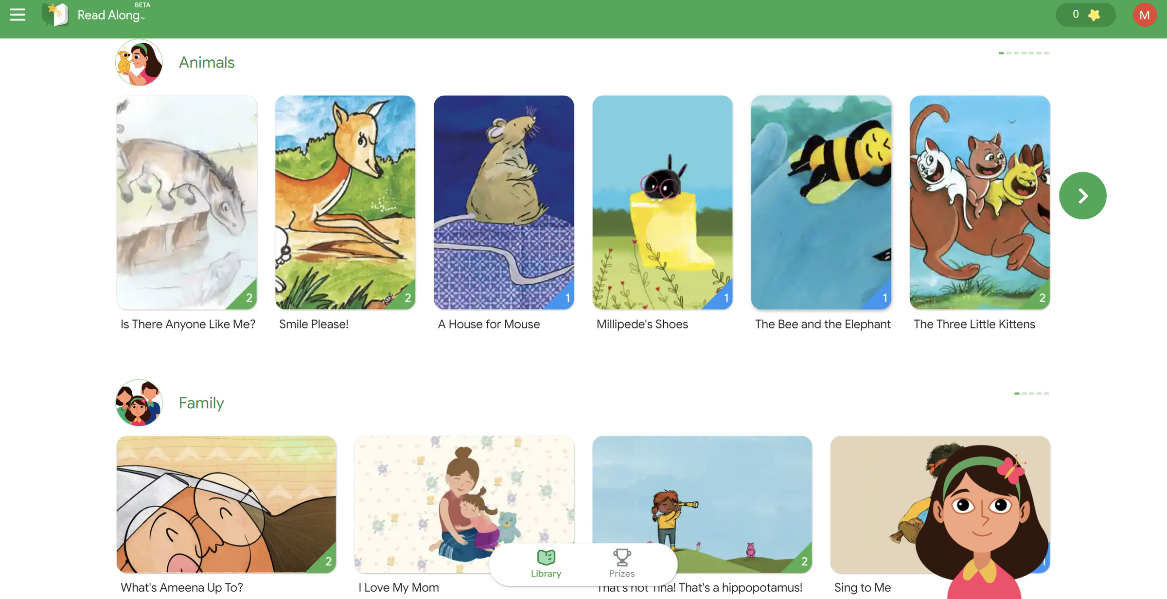 A screenshot of Read Along showing a row of Animals stories and a row of Families stories.