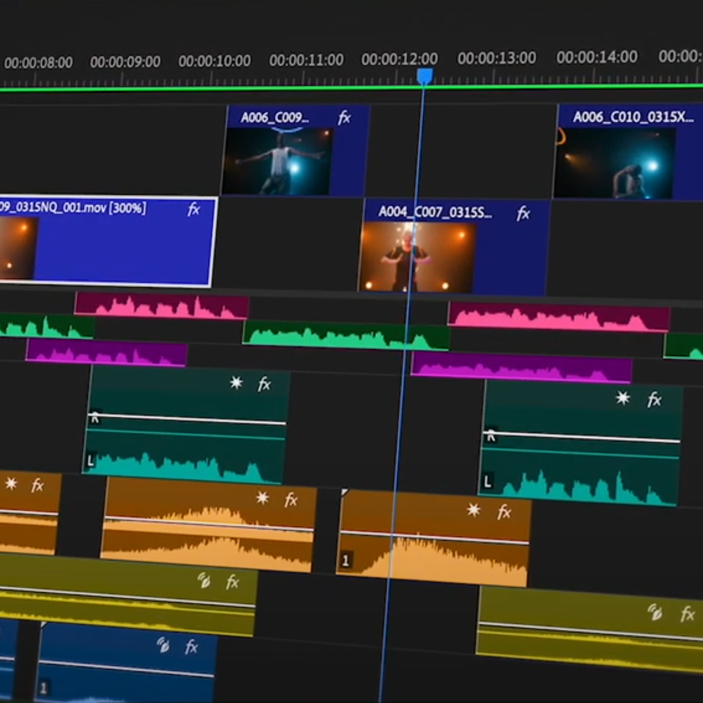 A screenshot taken of the Adobe Premiere Pro beta editing timeline with new track effects applied.