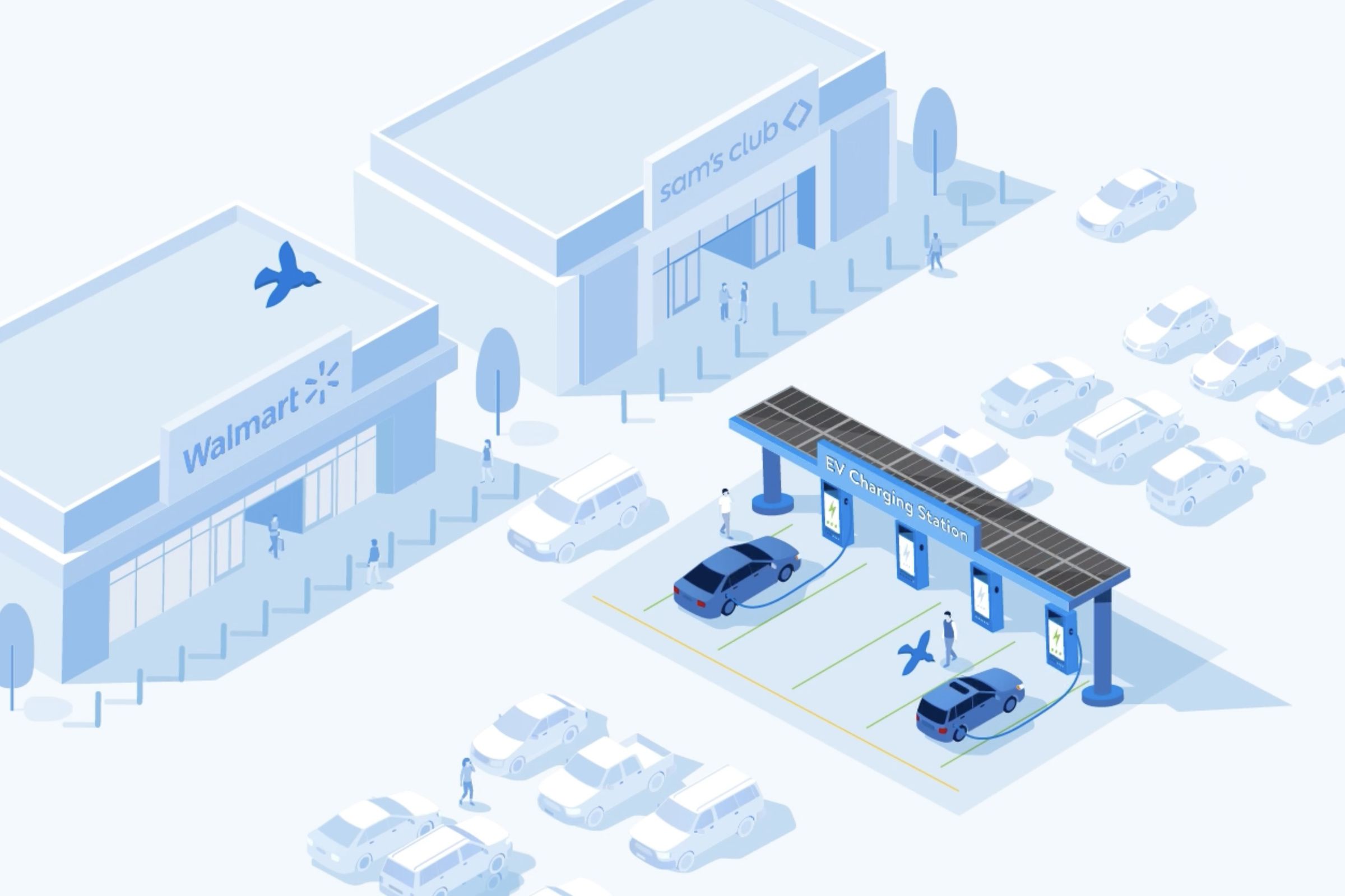 illustration of a parking lot with a Walmart and Sam's Club side-by-side and an electric vehicle station in the center with four units and two cars parked using them.
