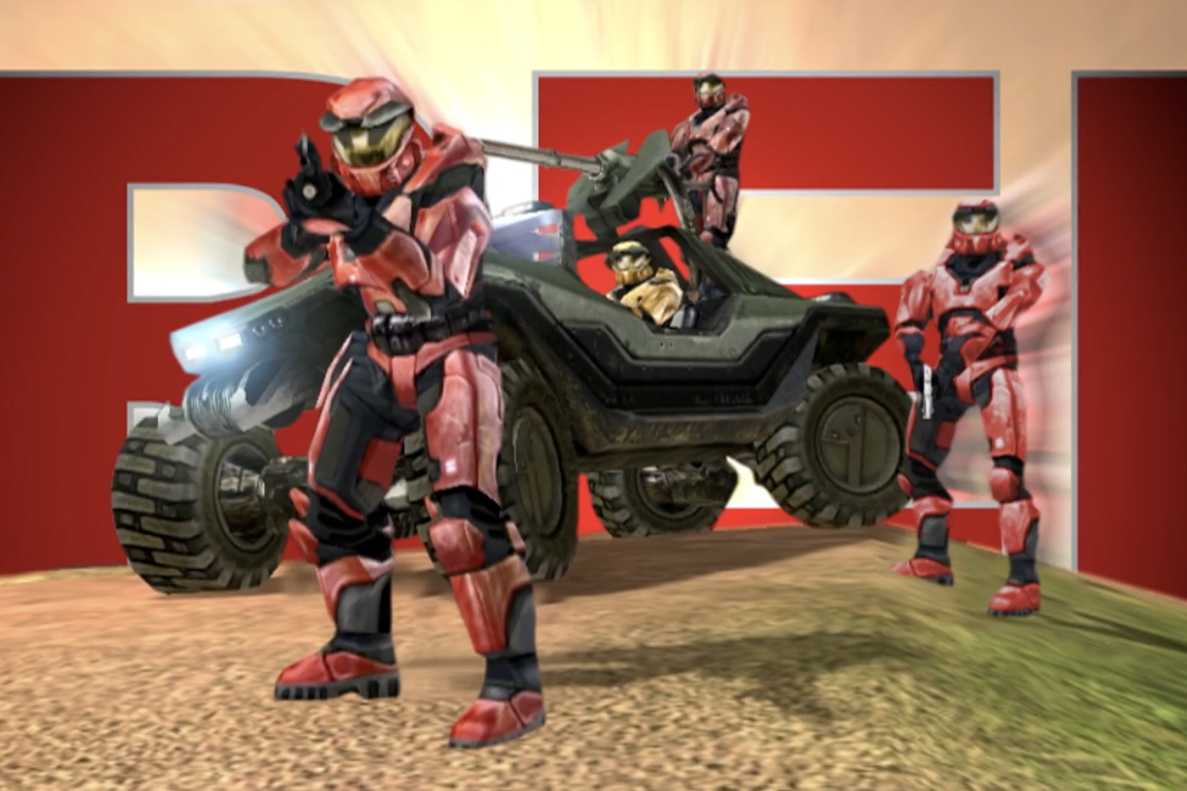 A screenshot of multiple Master Chiefs standing in front of a Warthog vehicle from Halo.