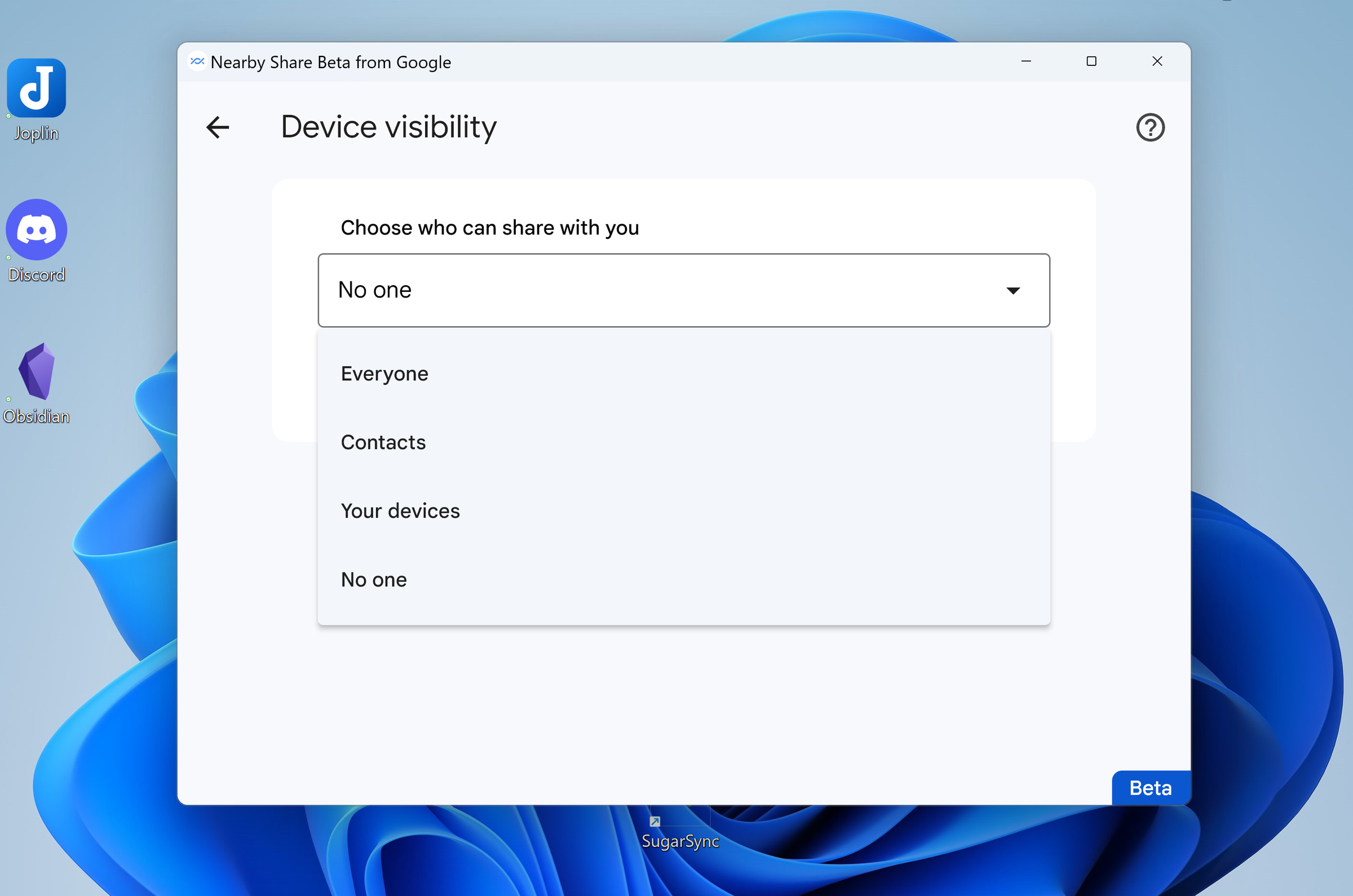 Device visibility menu with drop-down menu listing: Everyone, Contacts, Your devices, and No one.