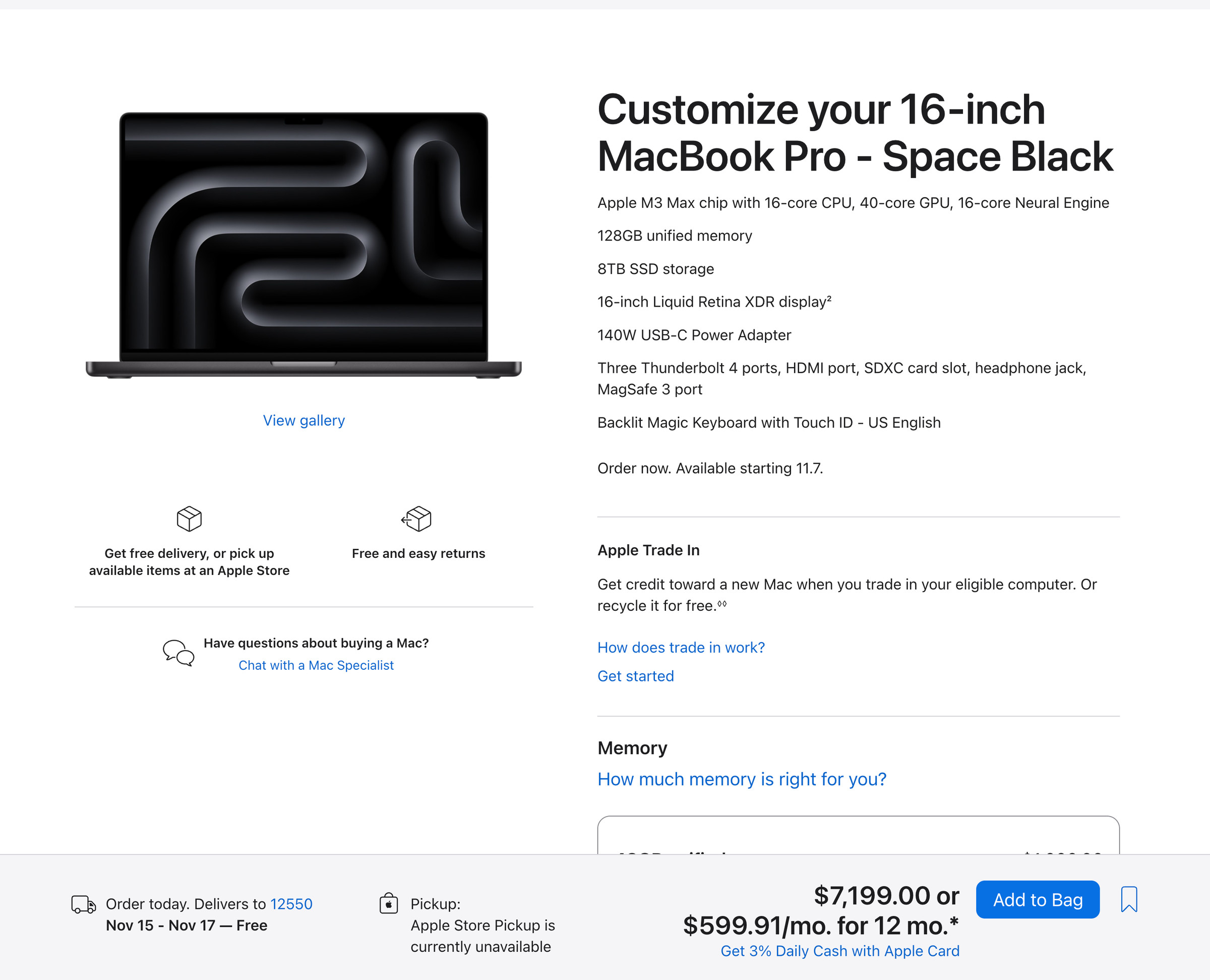 screenshot of Apple store page showing the most expensive MacBook Pro configuration possible. It costs $7,199.00.