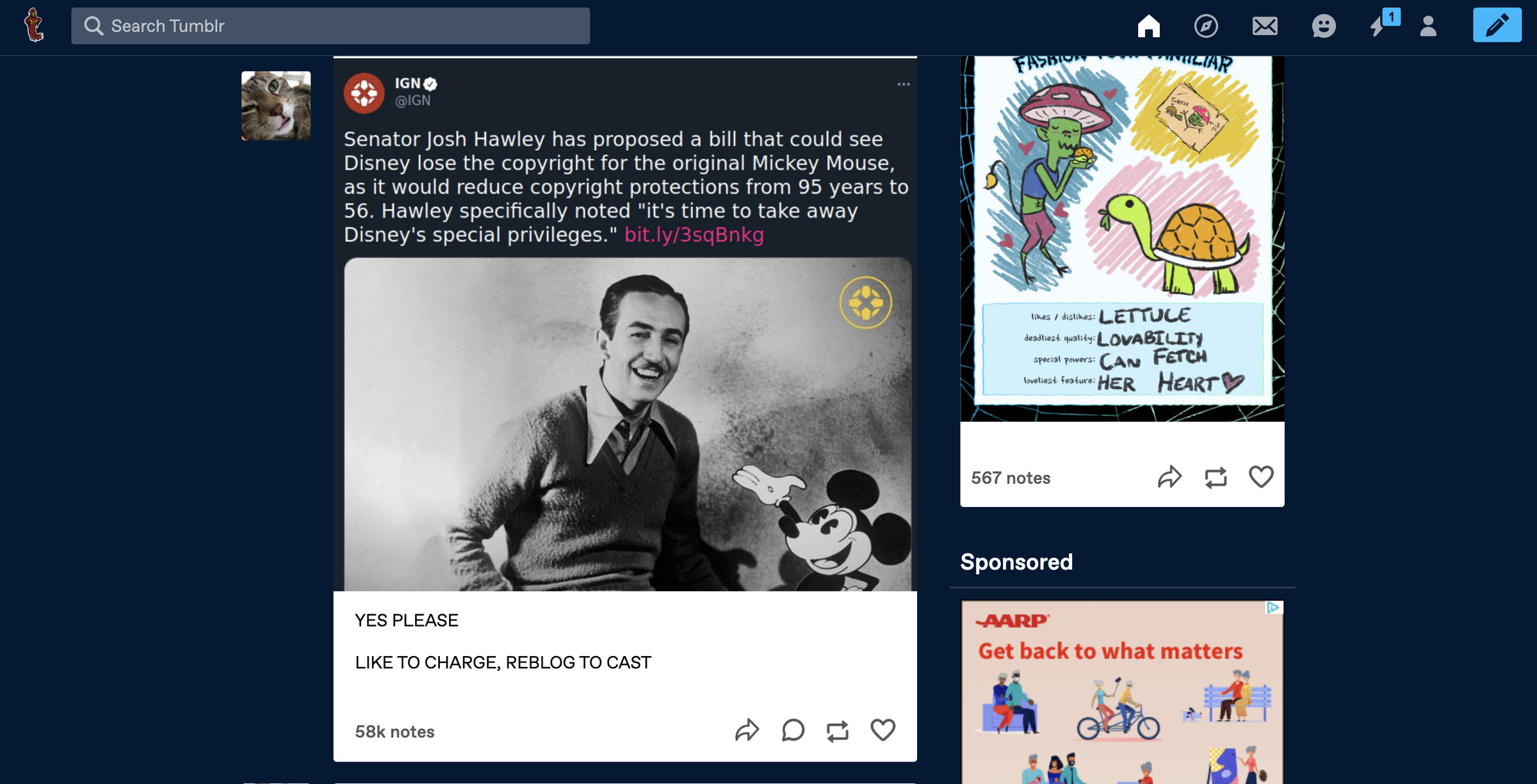 Tumblr page with an IGN article with a photo of Walt Disney.