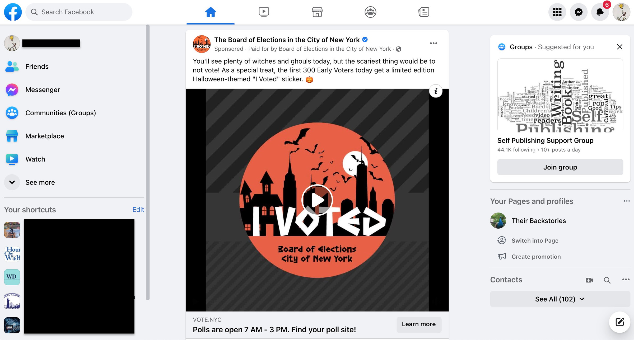 Facebook page with large “I voted” image in the center.