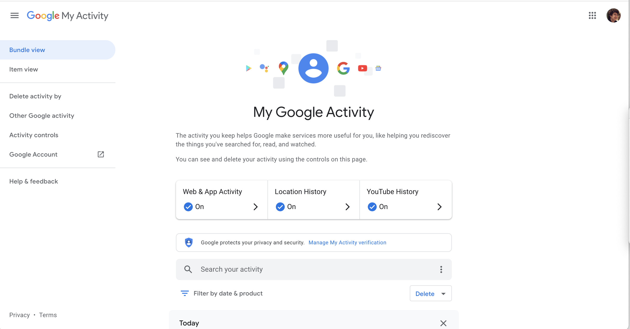 Under “My Google Activity” you’ll see the buttons for three types of activity: Web &amp; App Activity, Location History, and YouTube History.