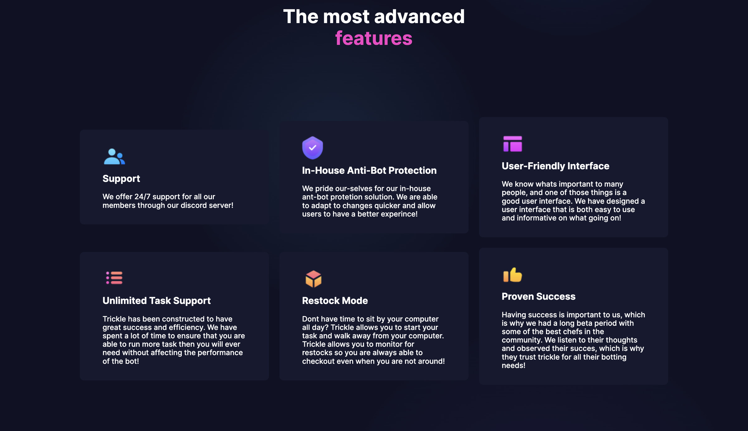 A website reading “the most advanced features” with six boxes below it describing those features, including 24/7 support, anti-bot protection, a friendly UI, and proven success.