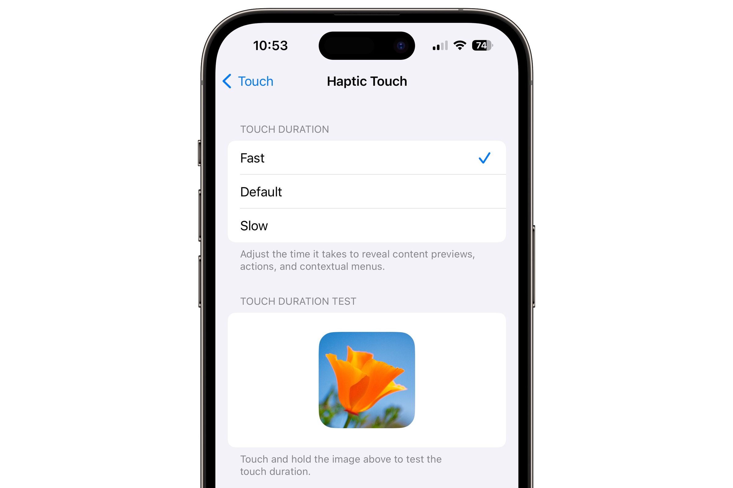 A screenshot of iOS 17’s haptic touch duration setting.