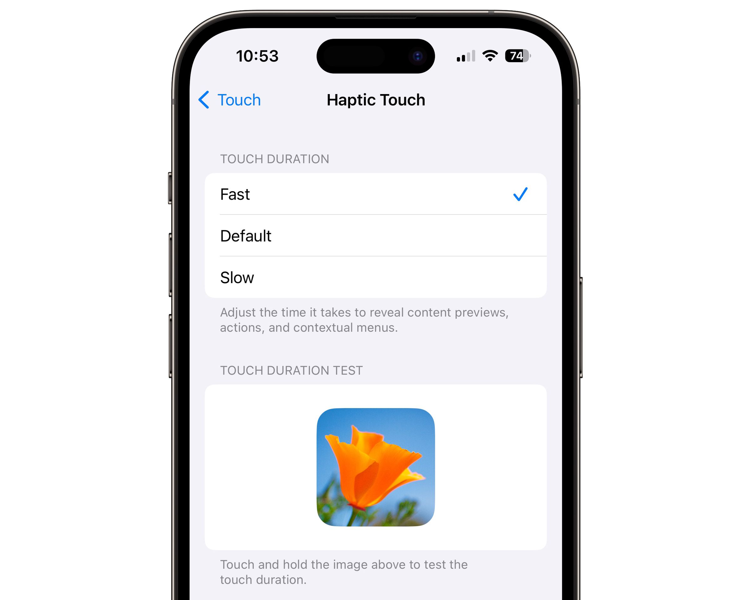 A screenshot of iOS 17’s haptic touch duration setting.