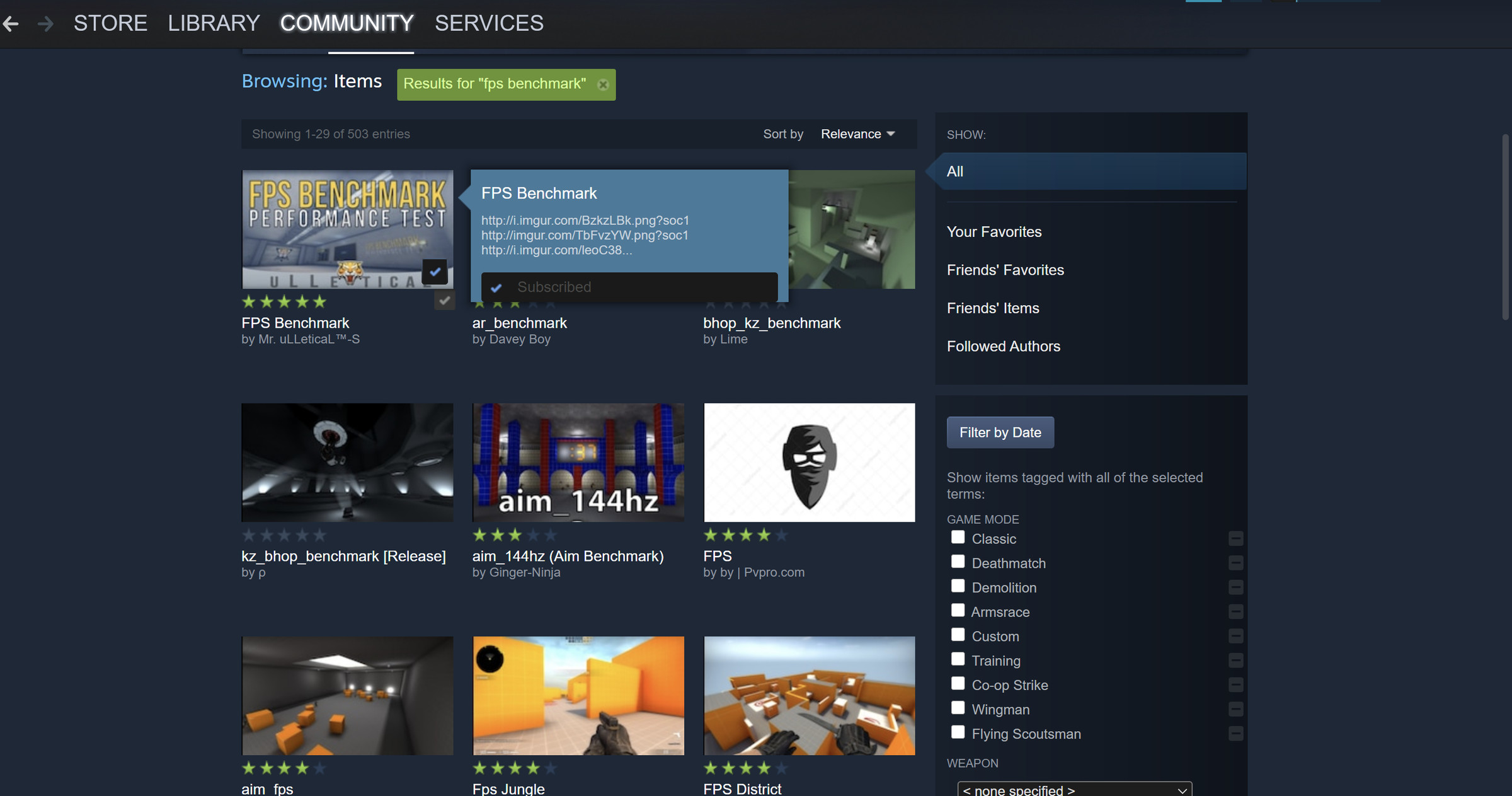 A screenshot of the Steam Workshop interface for CS:GO with the FPS Benchmark option highlighted.
