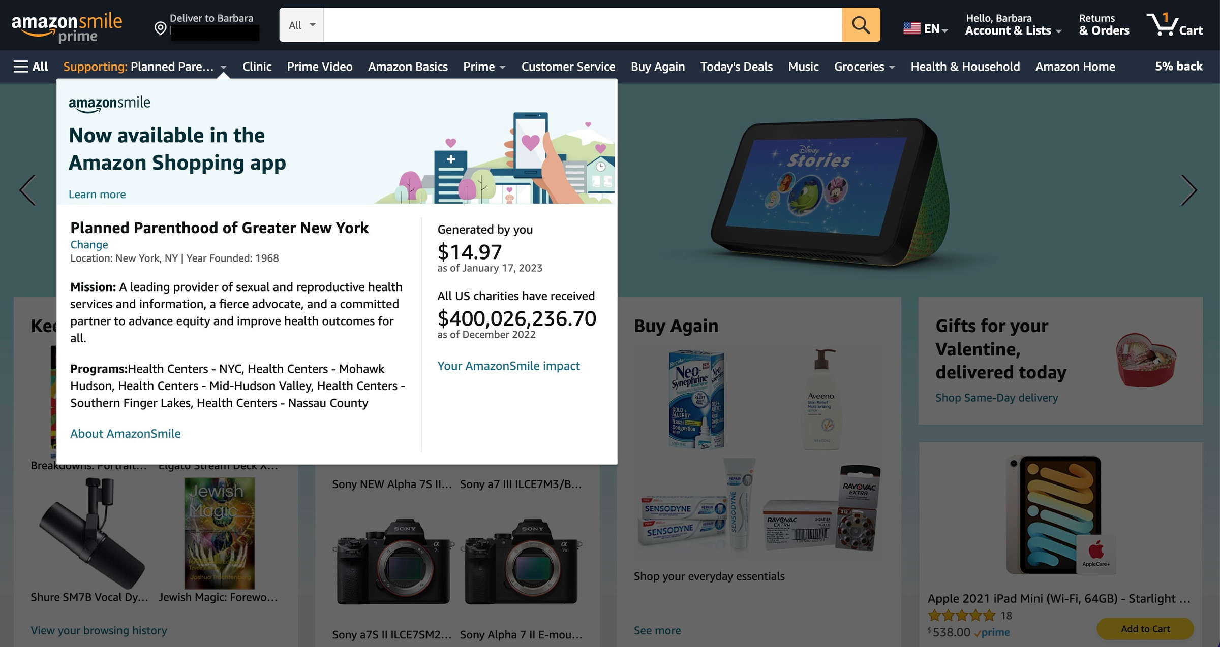 Screenshot of Amazon page showing a drop-down detailing how much Amazon contributed to Planned Parenthood.