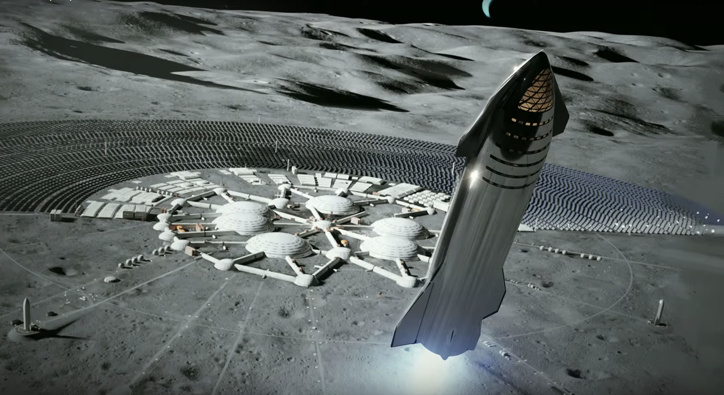 An artistic rendering of a lunar base, started with the help of Starship.