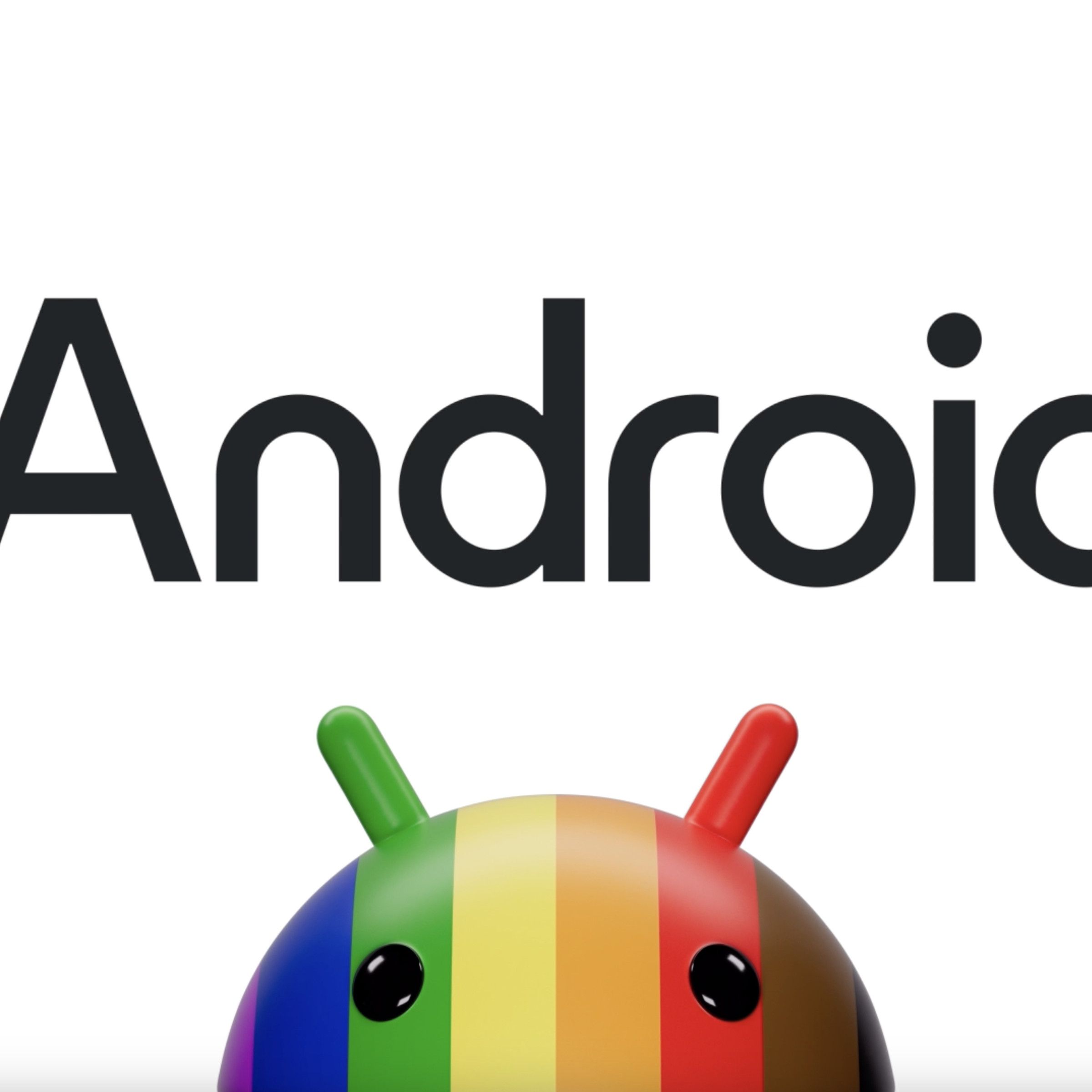 New Android logo with a capital A and droid rendered in 3D with rainbow stripes.