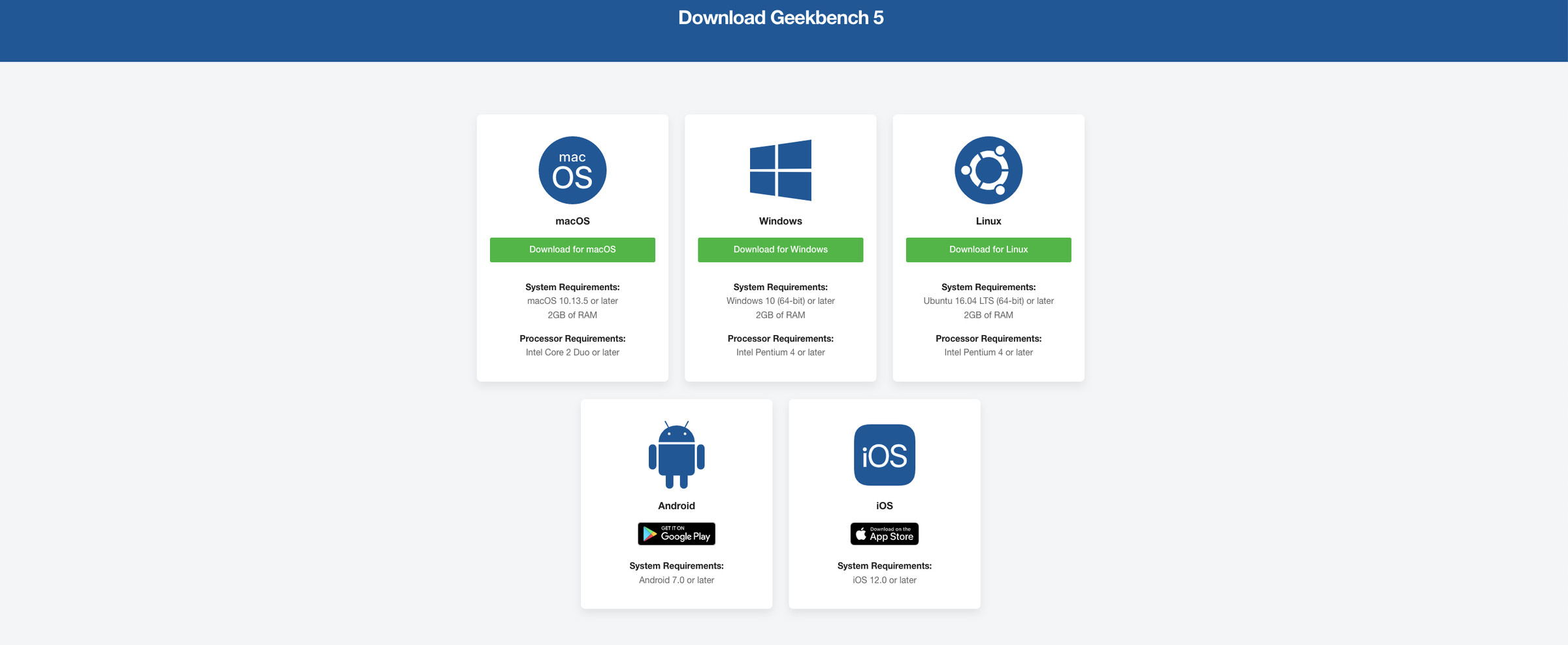 A screenshot of the Geekbench 5 download screen.
