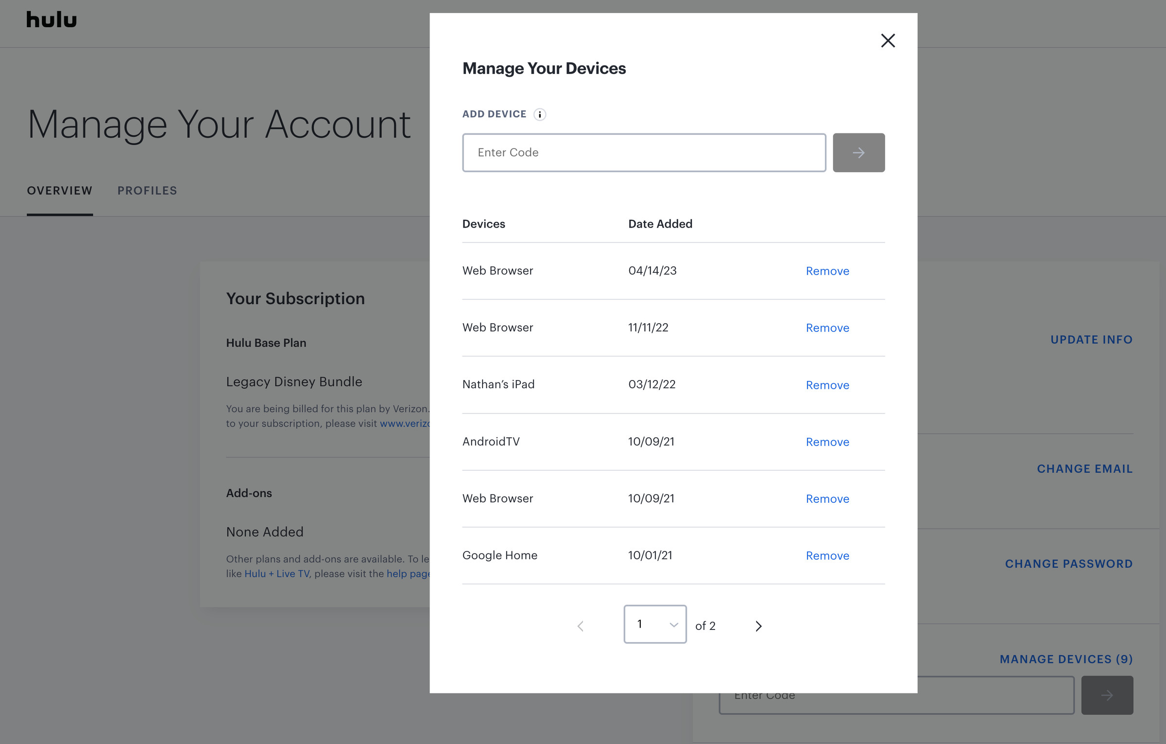 Manage Your Devices shows a list of all the devices your account is currently logged in to.