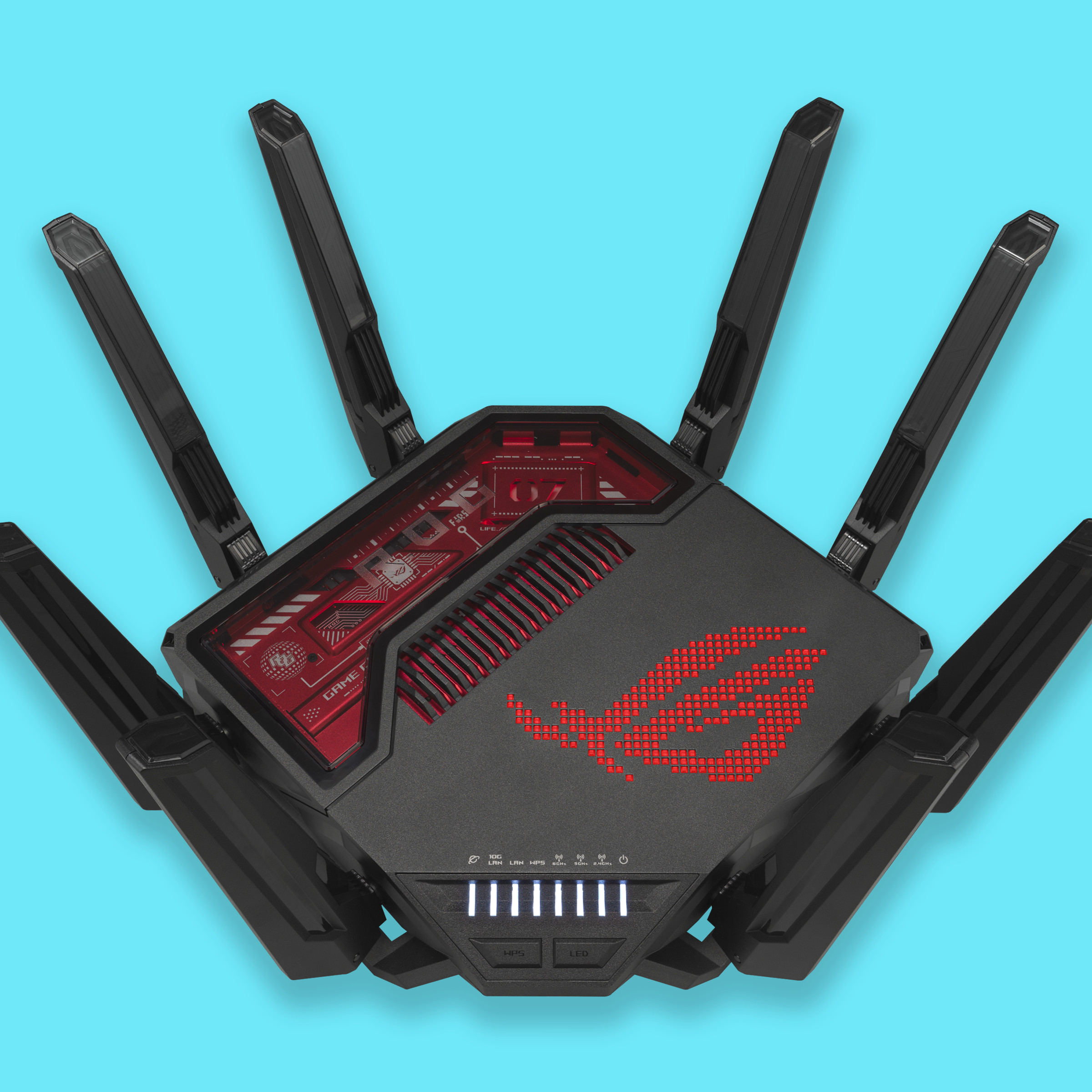 A picture of the top of the Asus ROG Rapture GT-BE19000, which has eight antennas arrayed around it, two on each side, along with a ROG logo and a transparent section on its squarish top.