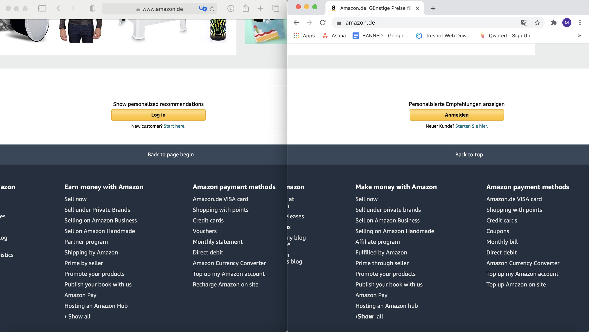A screenshot of translated Amazon pages in Safari and Chrome side by side.