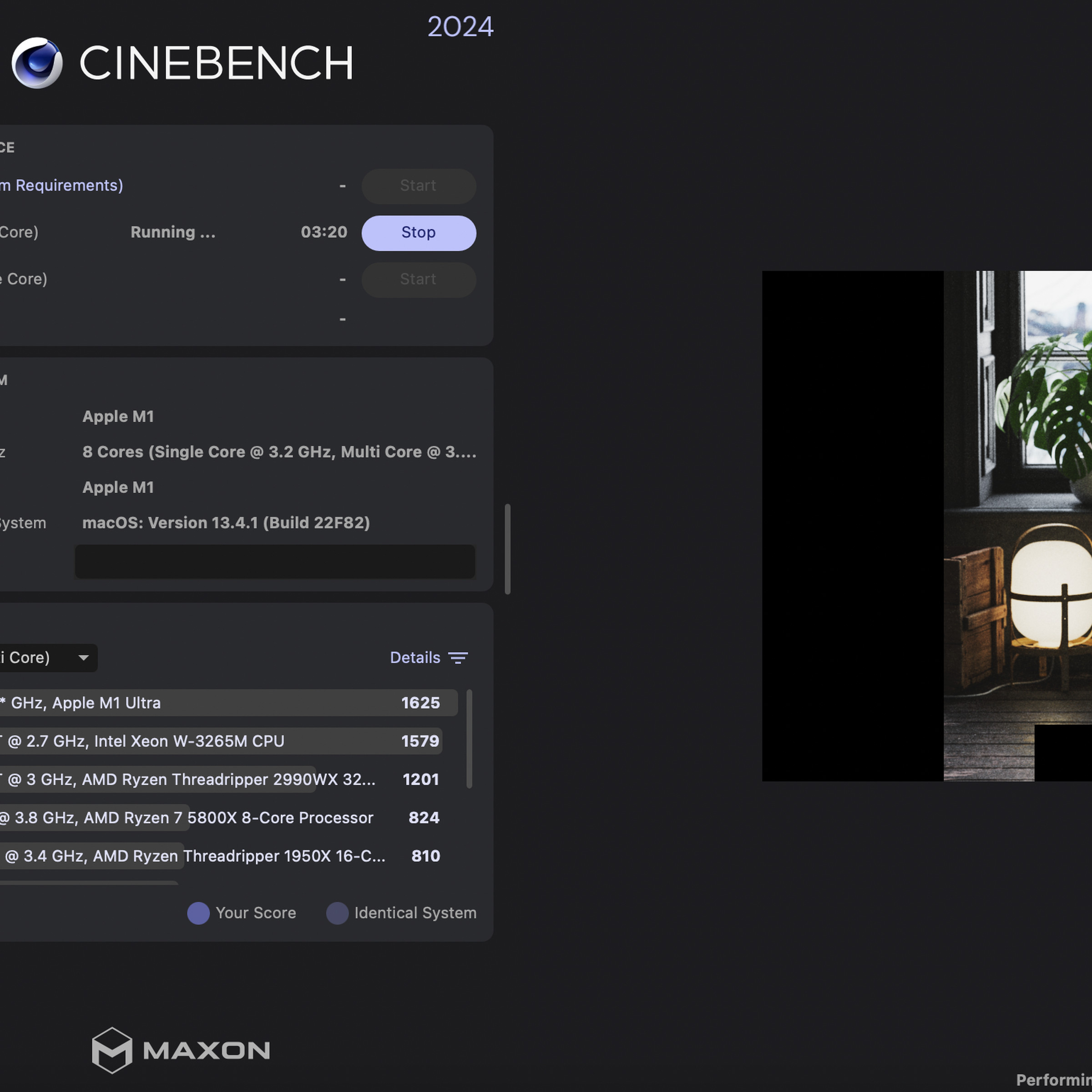 A screenshot of Cinebench 2024 in the middle of rendering the multi-core benchmark.