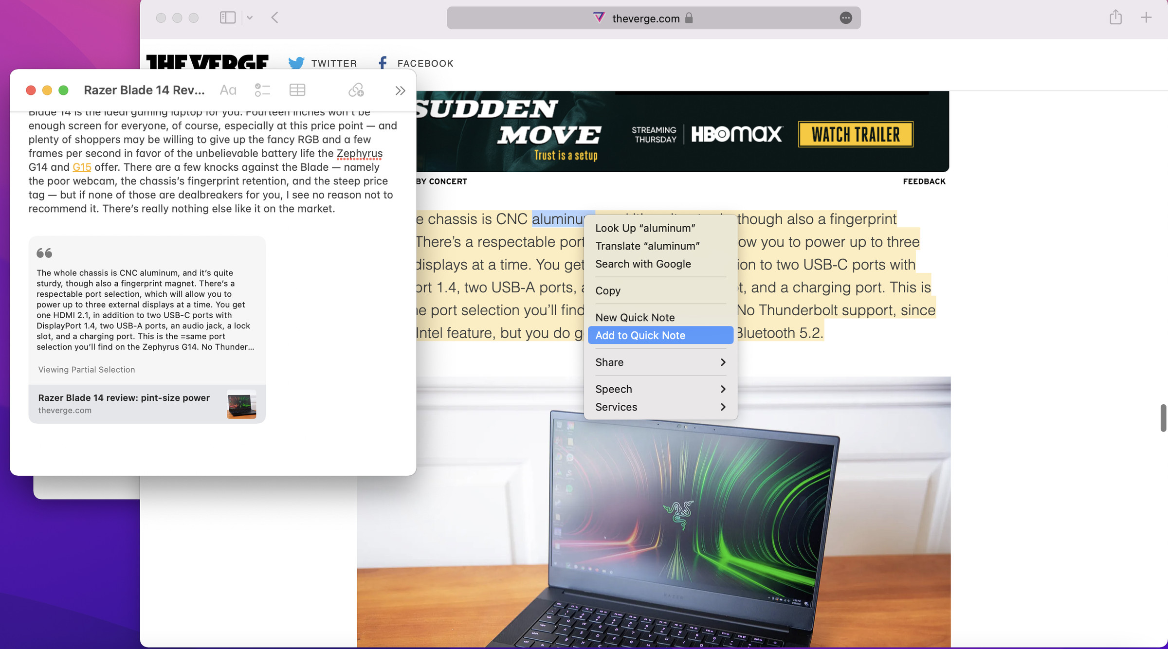 A screenshot of a MacBook Pro screen. The Verge’s review of the Razer Blade 14 is open in Safari. A paragraph is higlighted with “Add to Quick Note” in an adjacent drop-down menu selected. A Quick Note is open on the left side of the screen with more text and a link to the article.