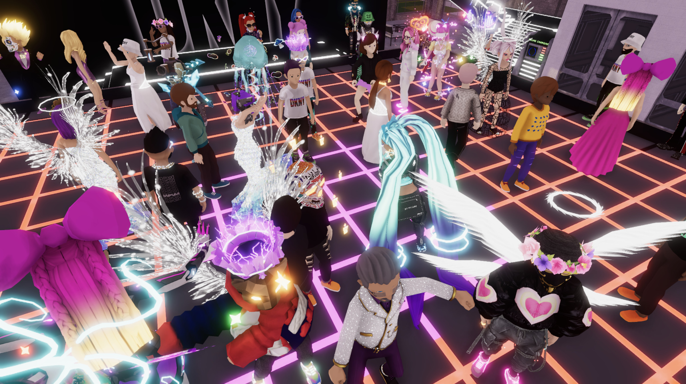 A screenshot of Decentraland’s Metaverse Fashion Week. In a virtual dance party, a bunch of avatars are on the dance floor.